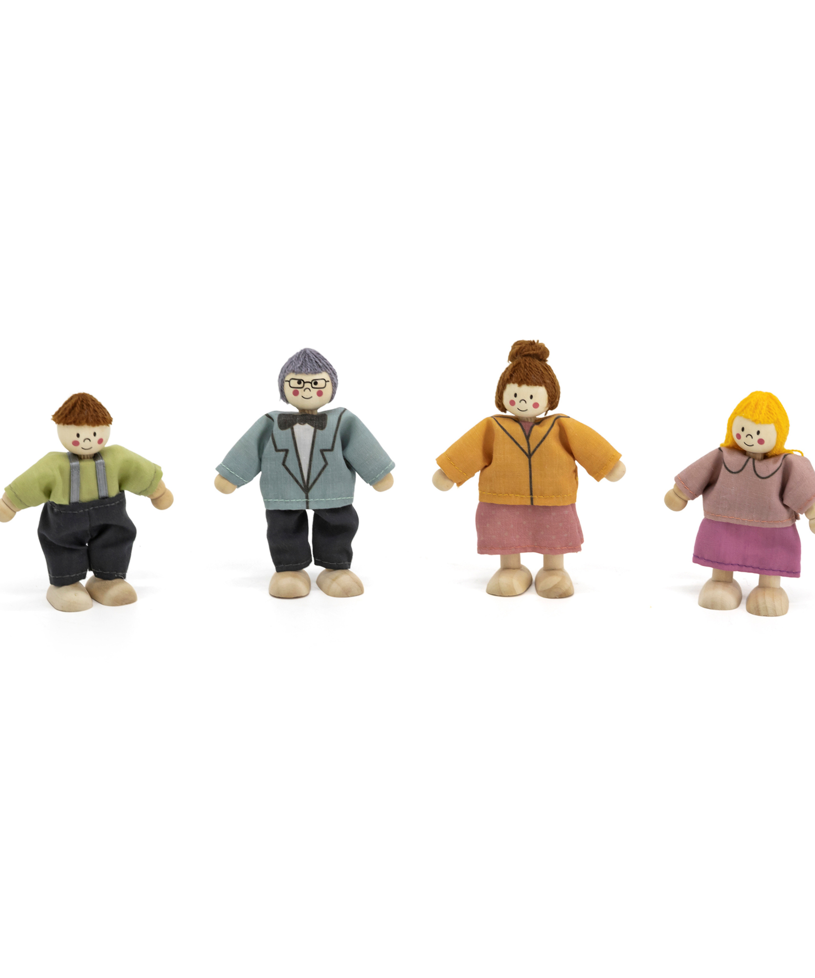 PolarB Wooden Doll Family Set 44254, 4-Piece Poseable Figures with Fabric Clothes, Ideal for Dollhouse Play and Role-Playing for Ages 3+