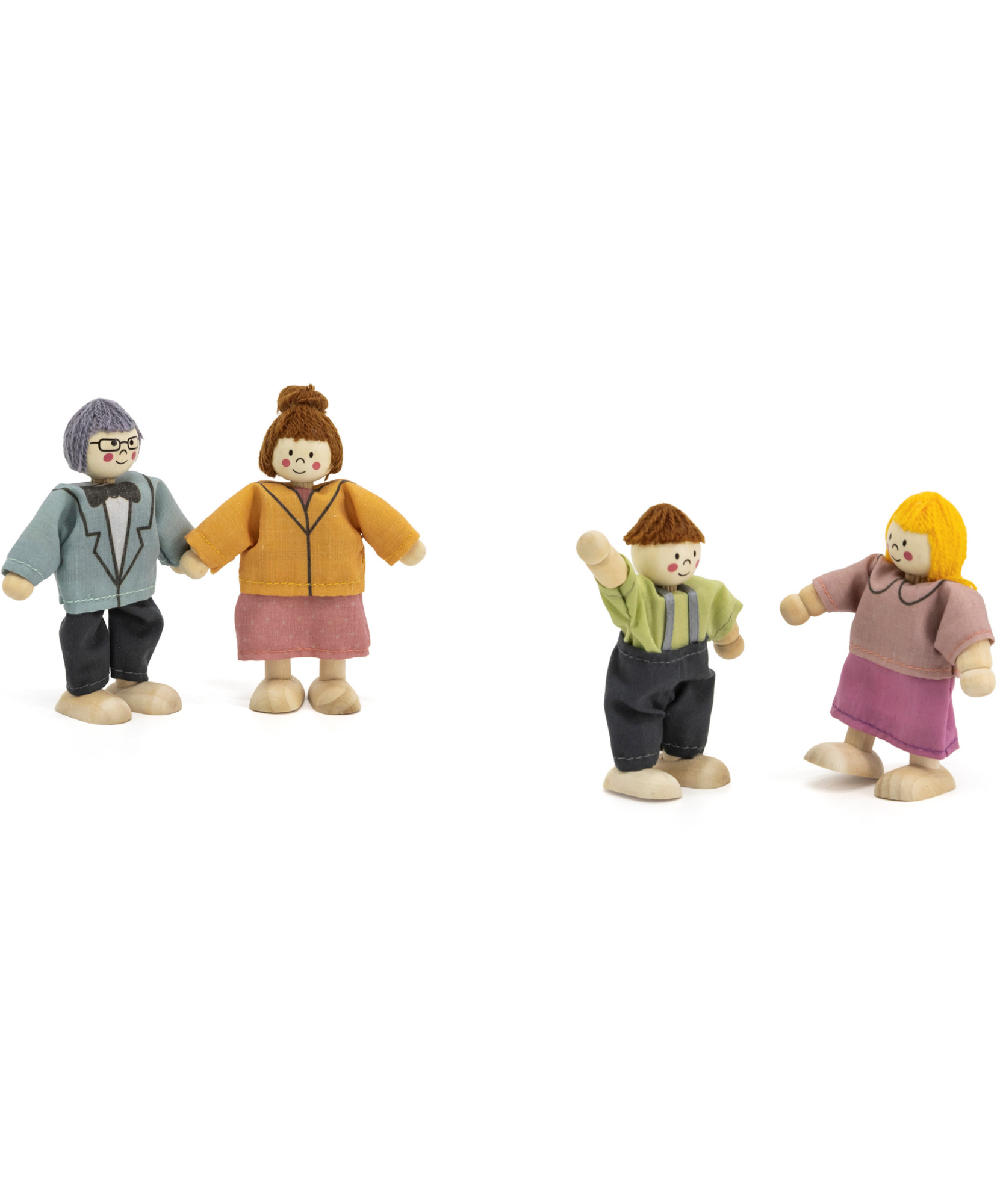 PolarB Wooden Doll Family Set 44254, 4-Piece Poseable Figures with Fabric Clothes, Ideal for Dollhouse Play and Role-Playing for Ages 3+