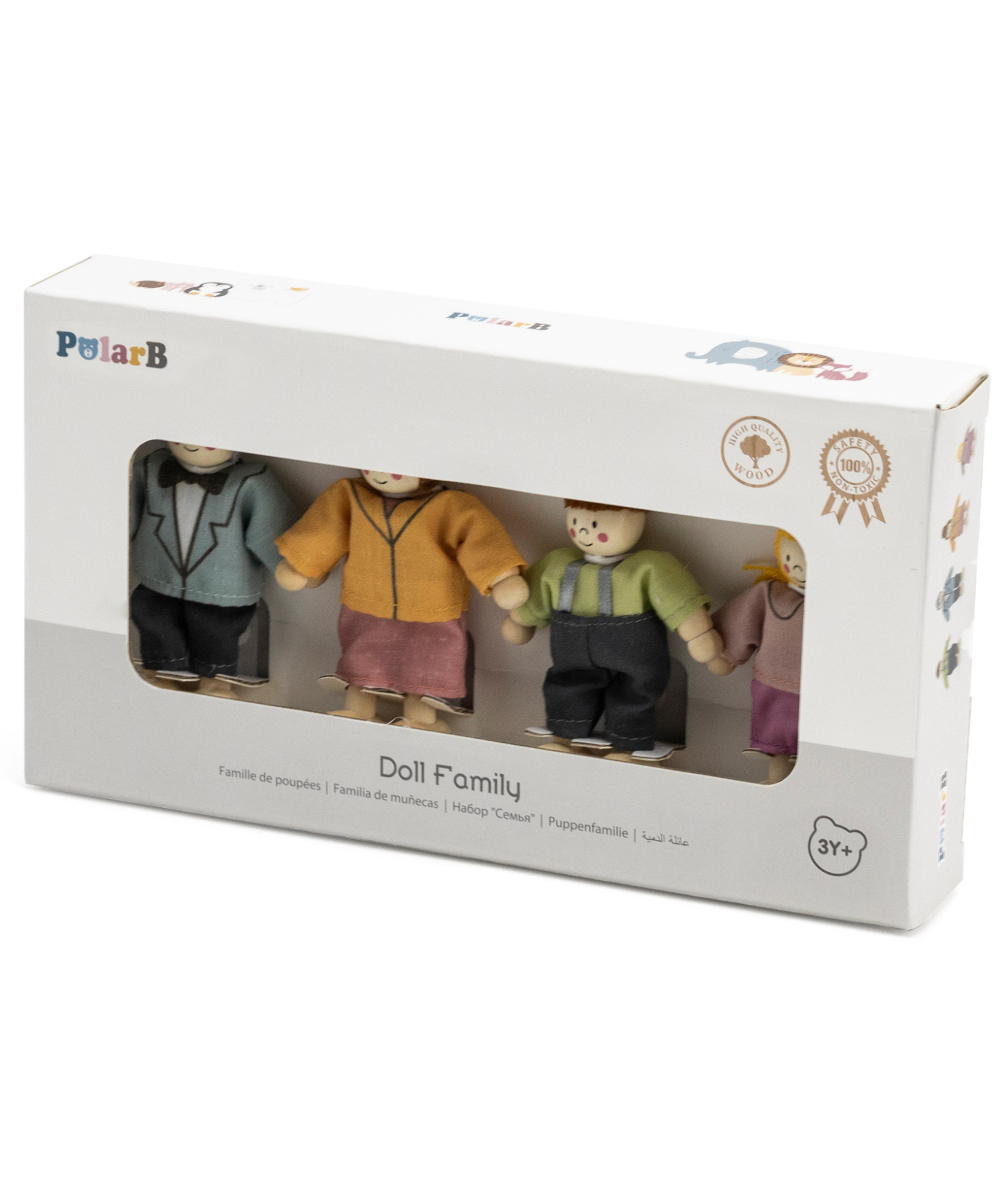 PolarB Wooden Doll Family Set 44254, 4-Piece Poseable Figures with Fabric Clothes, Ideal for Dollhouse Play and Role-Playing for Ages 3+