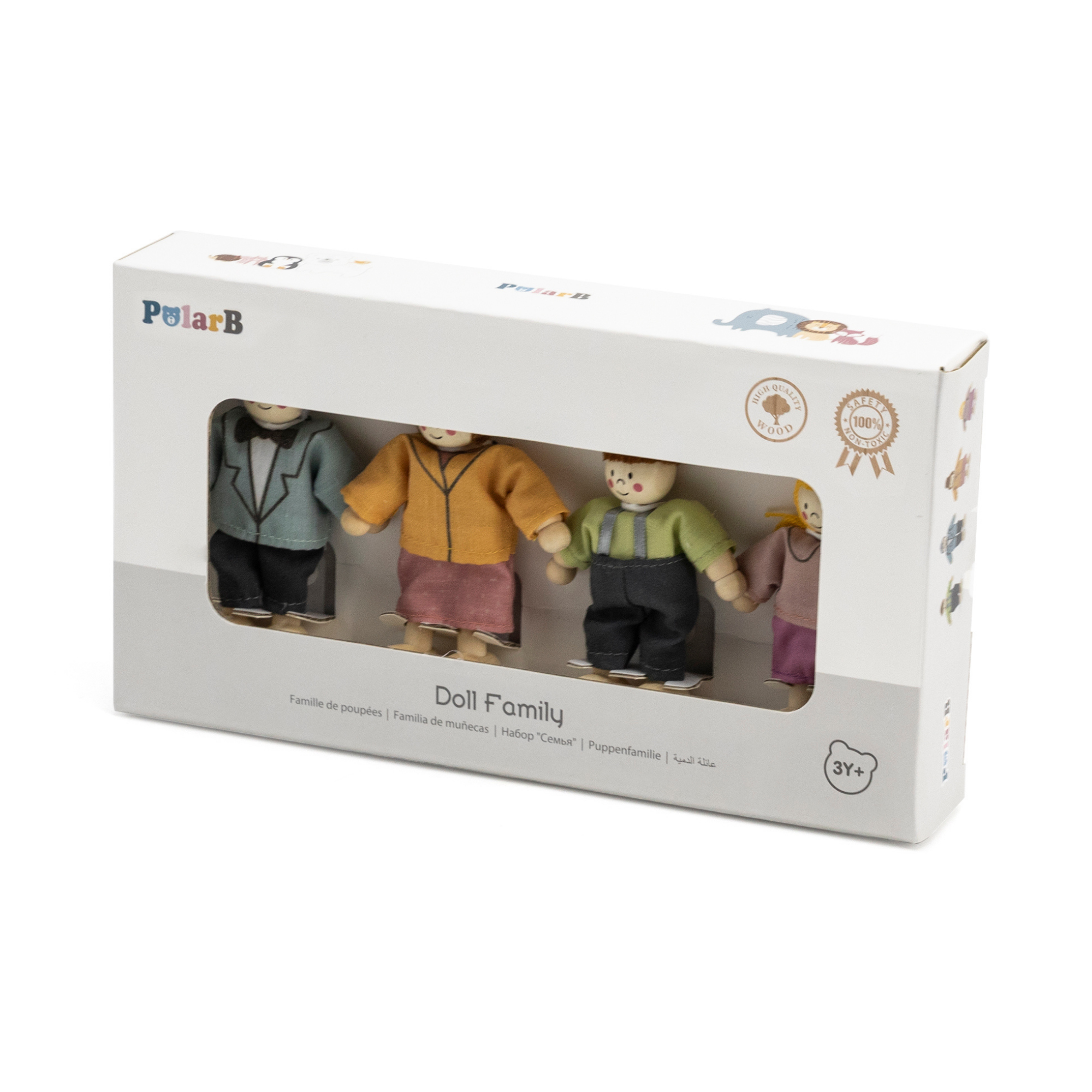 PolarB Wooden Doll Family Set 44254, 4-Piece Poseable Figures with Fabric Clothes, Ideal for Dollhouse Play and Role-Playing for Ages 3+