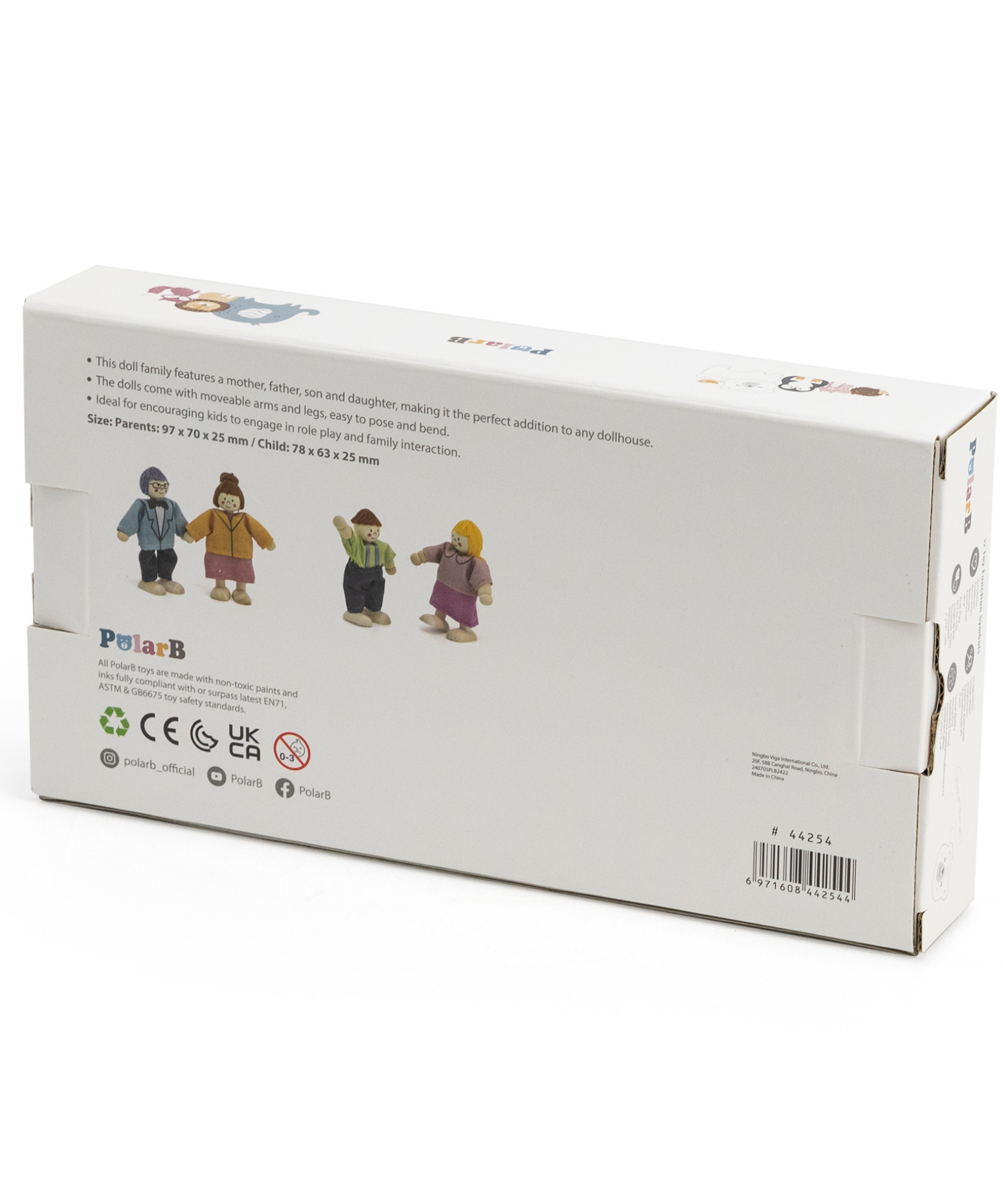 PolarB Wooden Doll Family Set 44254, 4-Piece Poseable Figures with Fabric Clothes, Ideal for Dollhouse Play and Role-Playing for Ages 3+