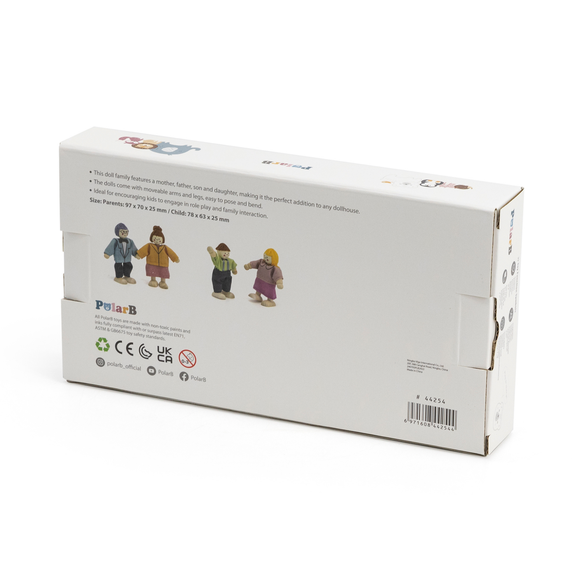 PolarB Wooden Doll Family Set 44254, 4-Piece Poseable Figures with Fabric Clothes, Ideal for Dollhouse Play and Role-Playing for Ages 3+