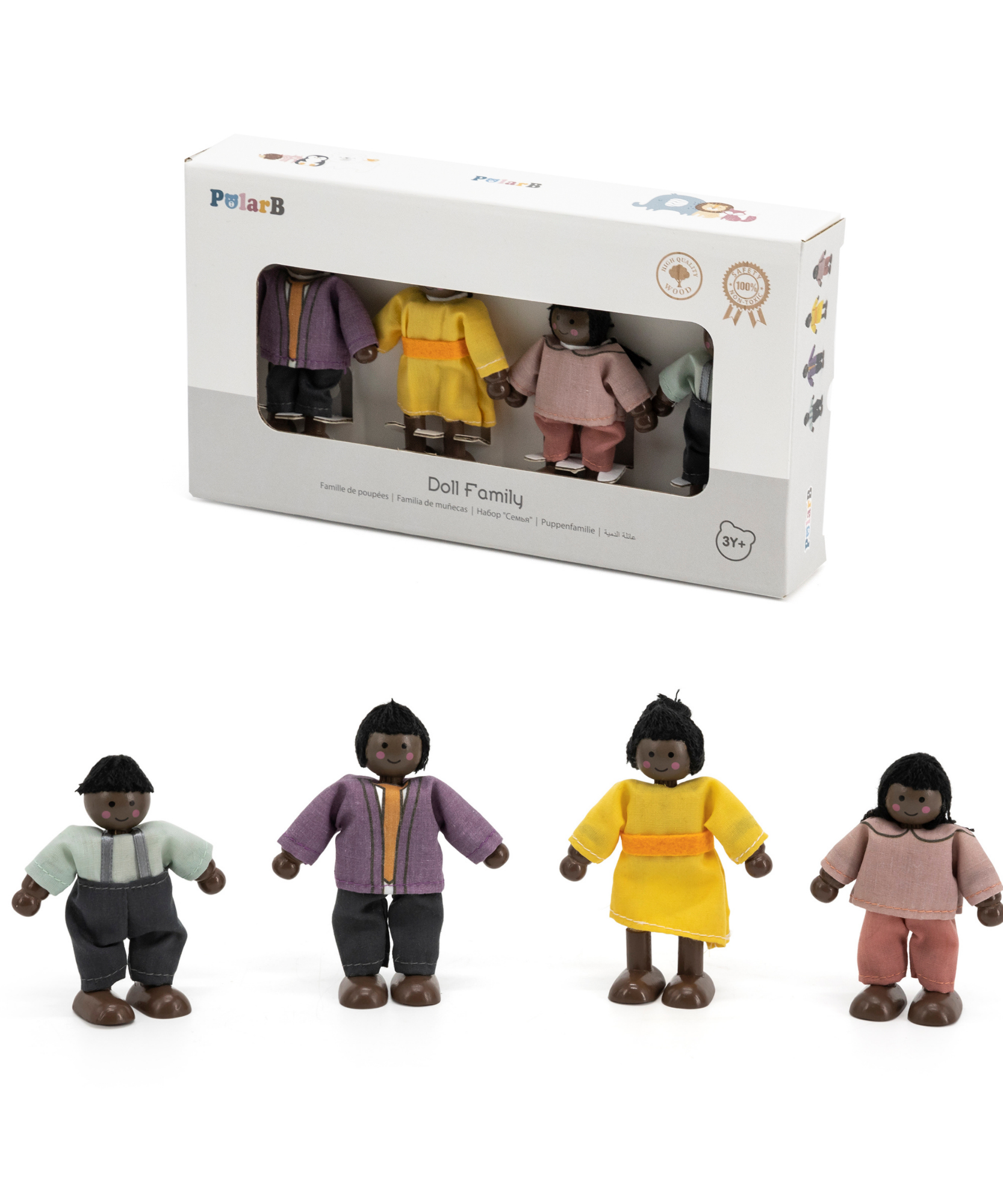 PolarB Wooden Doll Family Set 44255, 4-Piece Poseable Figures with Fabric Clothes, Ideal for Dollhouse Play and Role-Playing for Ages 3+