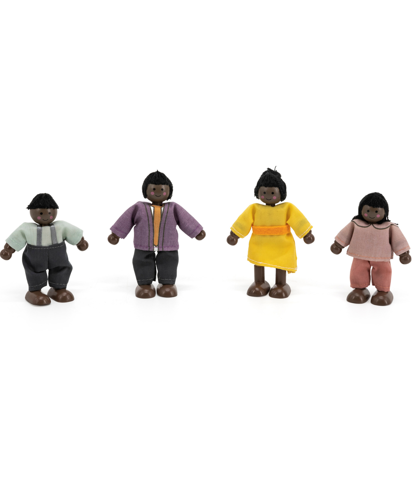 PolarB Wooden Doll Family Set 44255, 4-Piece Poseable Figures with Fabric Clothes, Ideal for Dollhouse Play and Role-Playing for Ages 3+