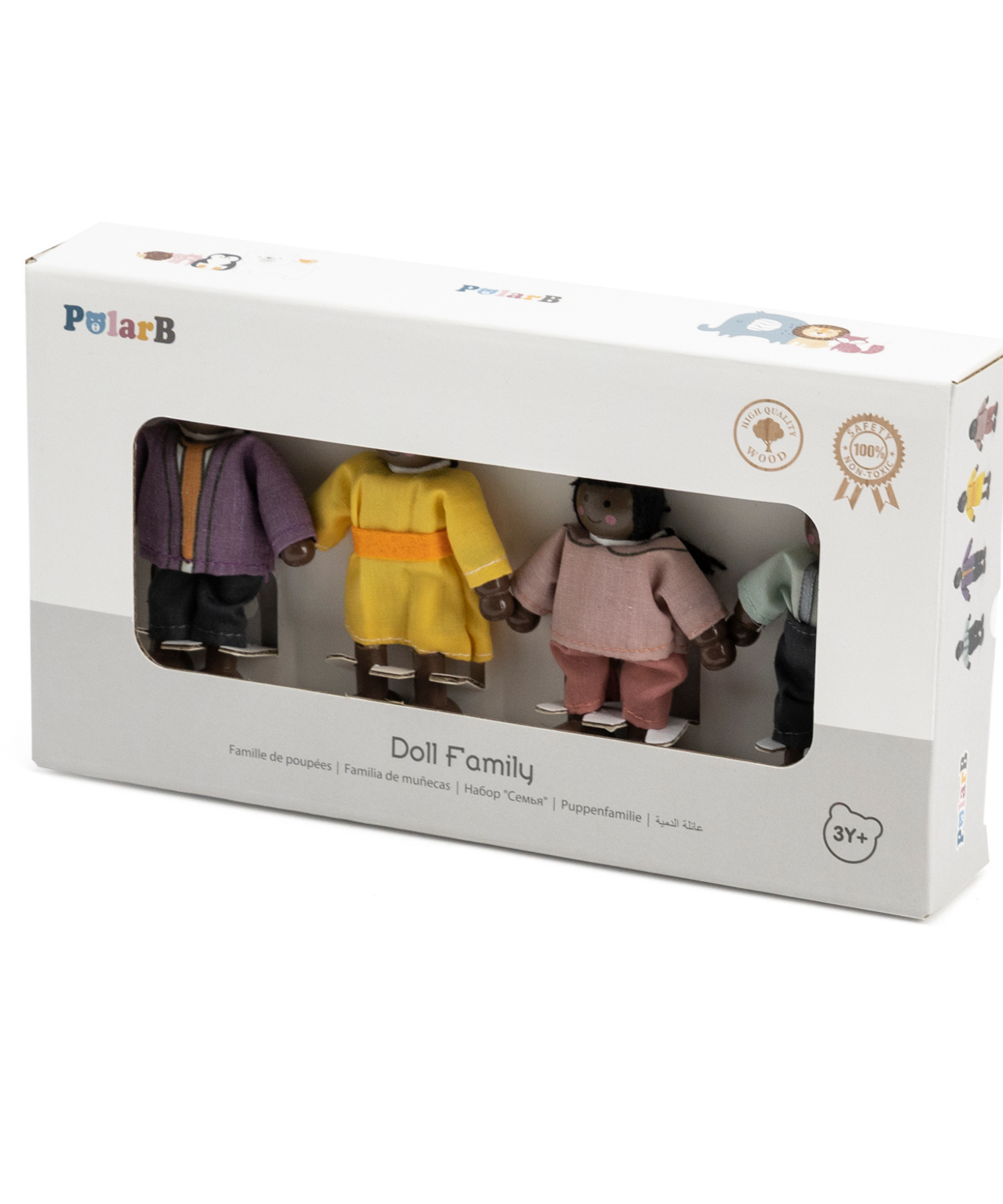 PolarB Wooden Doll Family Set 44255, 4-Piece Poseable Figures with Fabric Clothes, Ideal for Dollhouse Play and Role-Playing for Ages 3+
