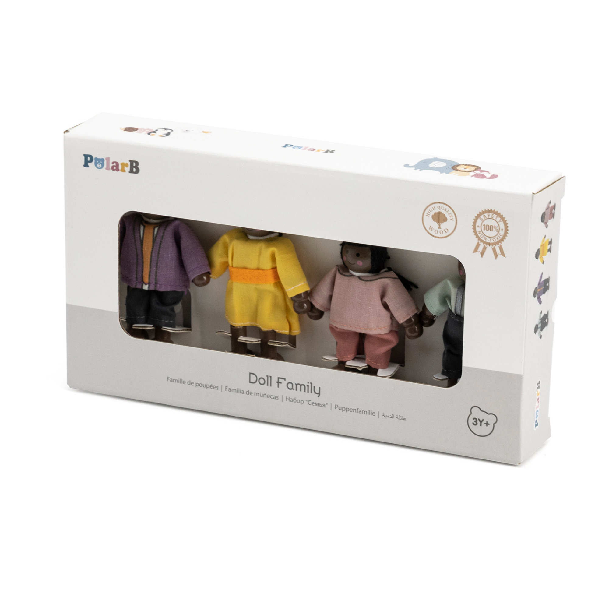 PolarB Wooden Doll Family Set 44255, 4-Piece Poseable Figures with Fabric Clothes, Ideal for Dollhouse Play and Role-Playing for Ages 3+