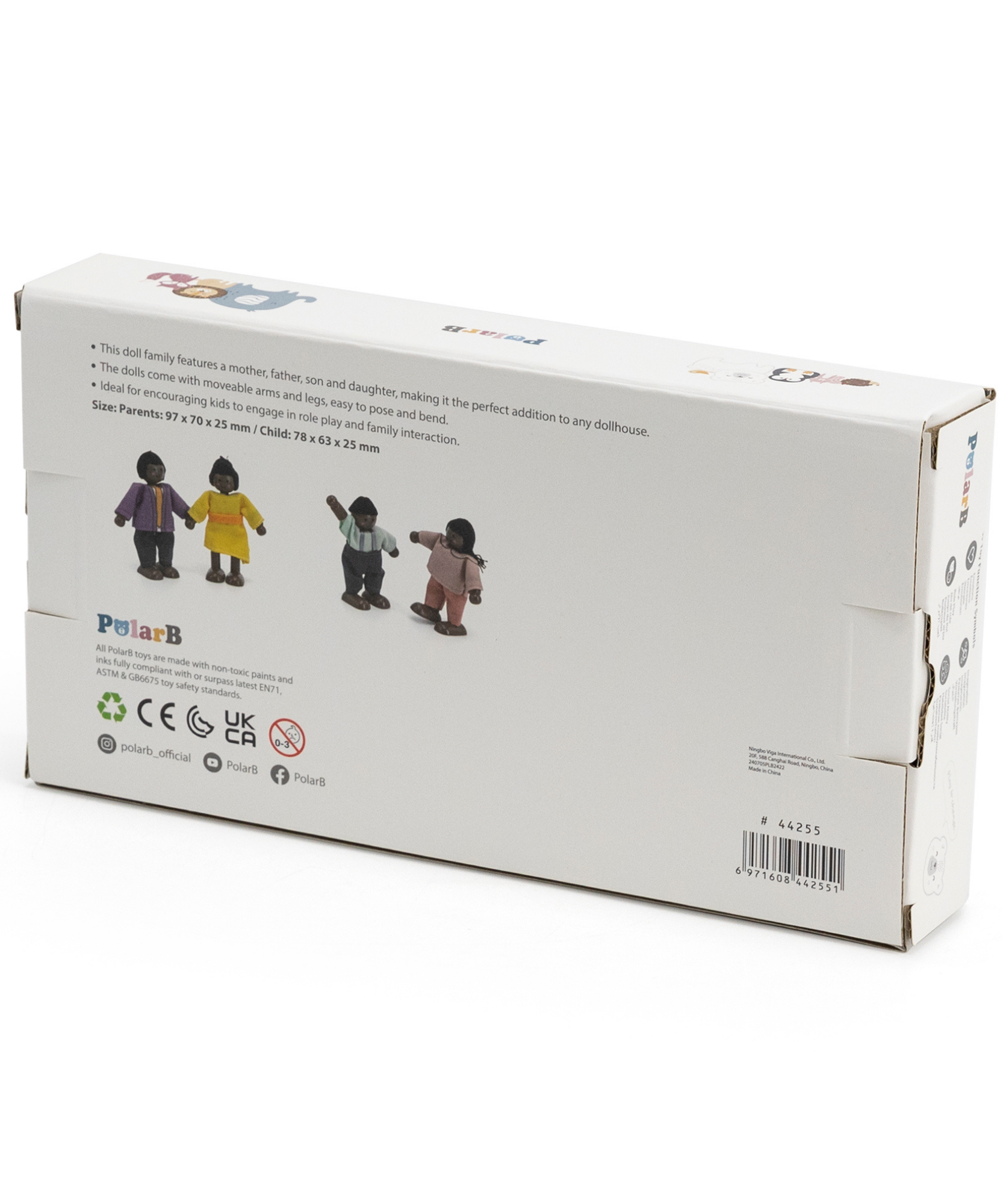 PolarB Wooden Doll Family Set 44255, 4-Piece Poseable Figures with Fabric Clothes, Ideal for Dollhouse Play and Role-Playing for Ages 3+