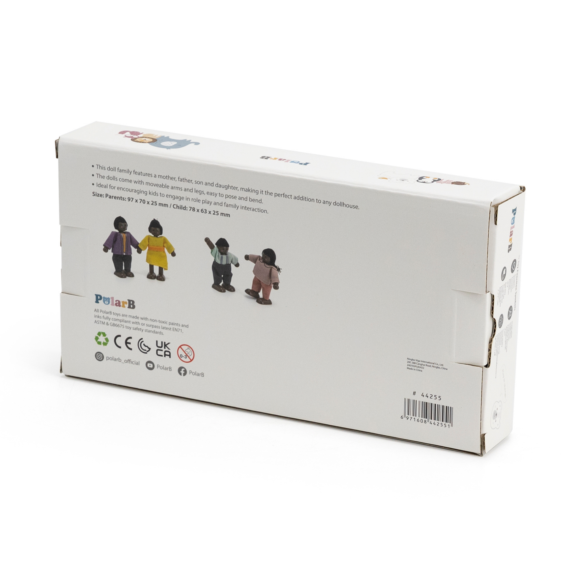 PolarB Wooden Doll Family Set 44255, 4-Piece Poseable Figures with Fabric Clothes, Ideal for Dollhouse Play and Role-Playing for Ages 3+