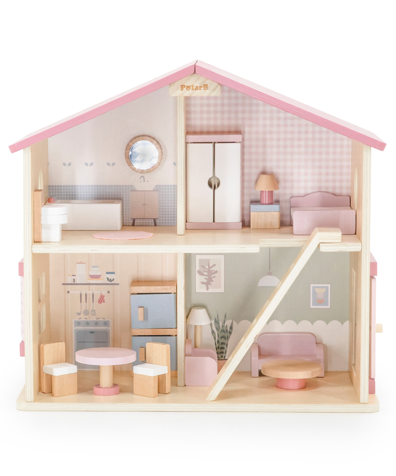 PolarB Wooden Dollhouse, 2-Story Playhouse with 16 Furniture Pieces, Pastel Pretend Play Set for Kids Ages 3+