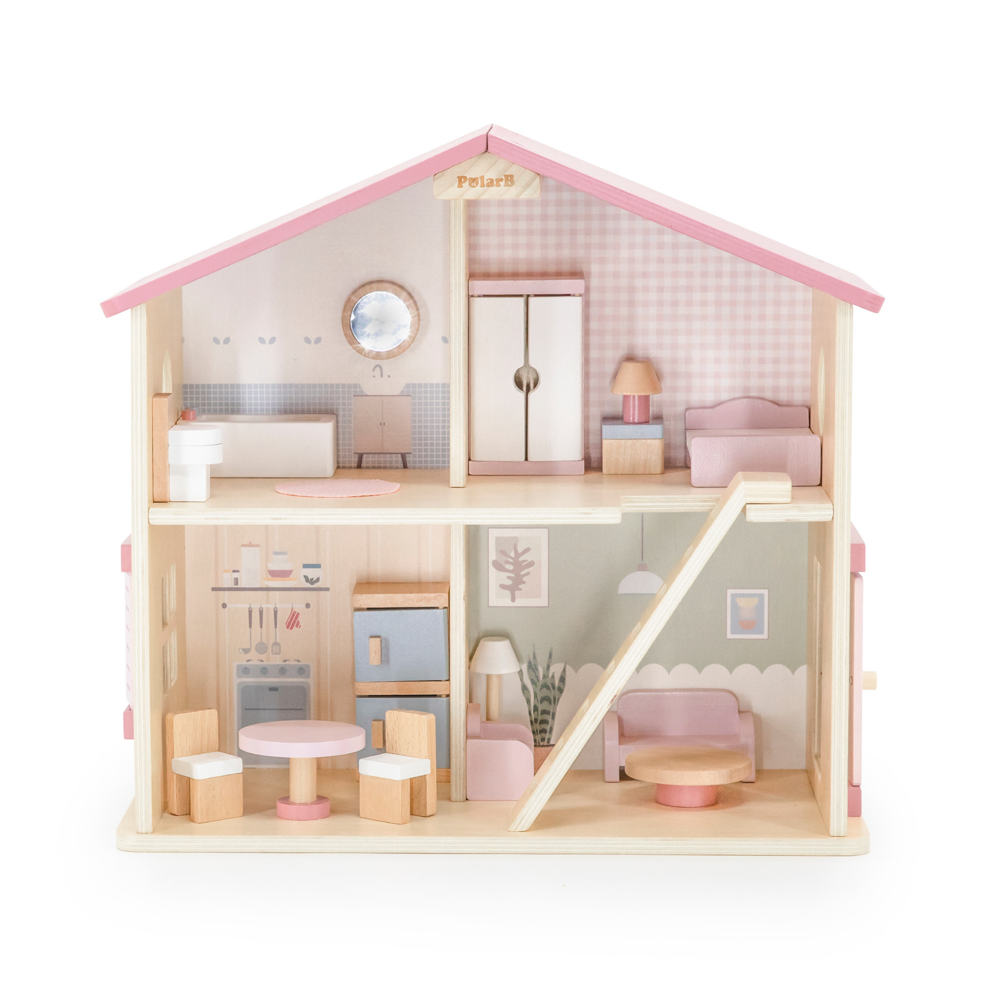 بيت الدمى الخشبي PolarB، بيت لعب من طابقين مع 16 قطعة أثاث، مجموعة ألعاب تظاهرية بألوان الباستيل للأطفال من سن 3 سنوات فما فوق