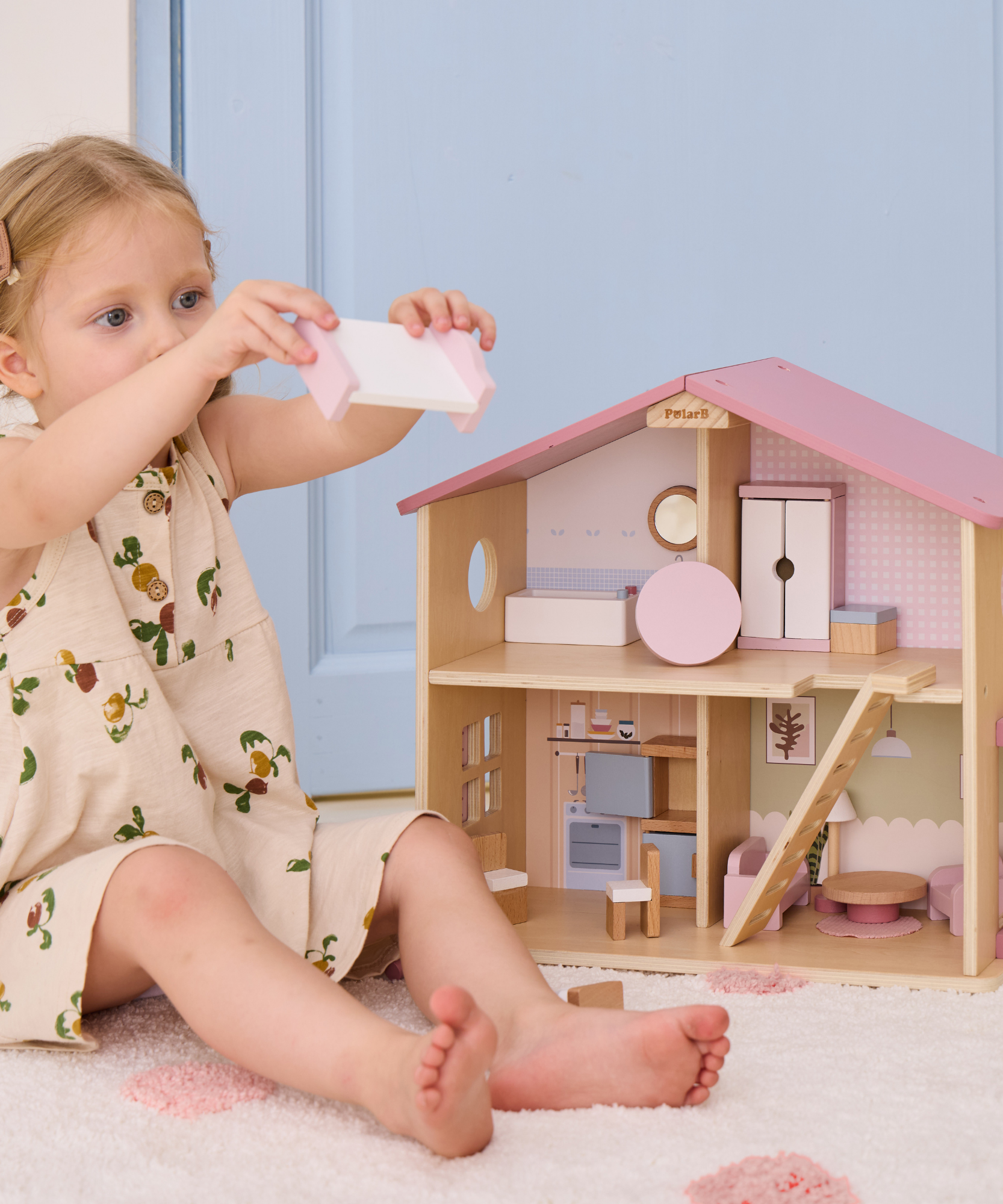 PolarB Wooden Dollhouse, 2-Story Playhouse with 16 Furniture Pieces, Pastel Pretend Play Set for Kids Ages 3+