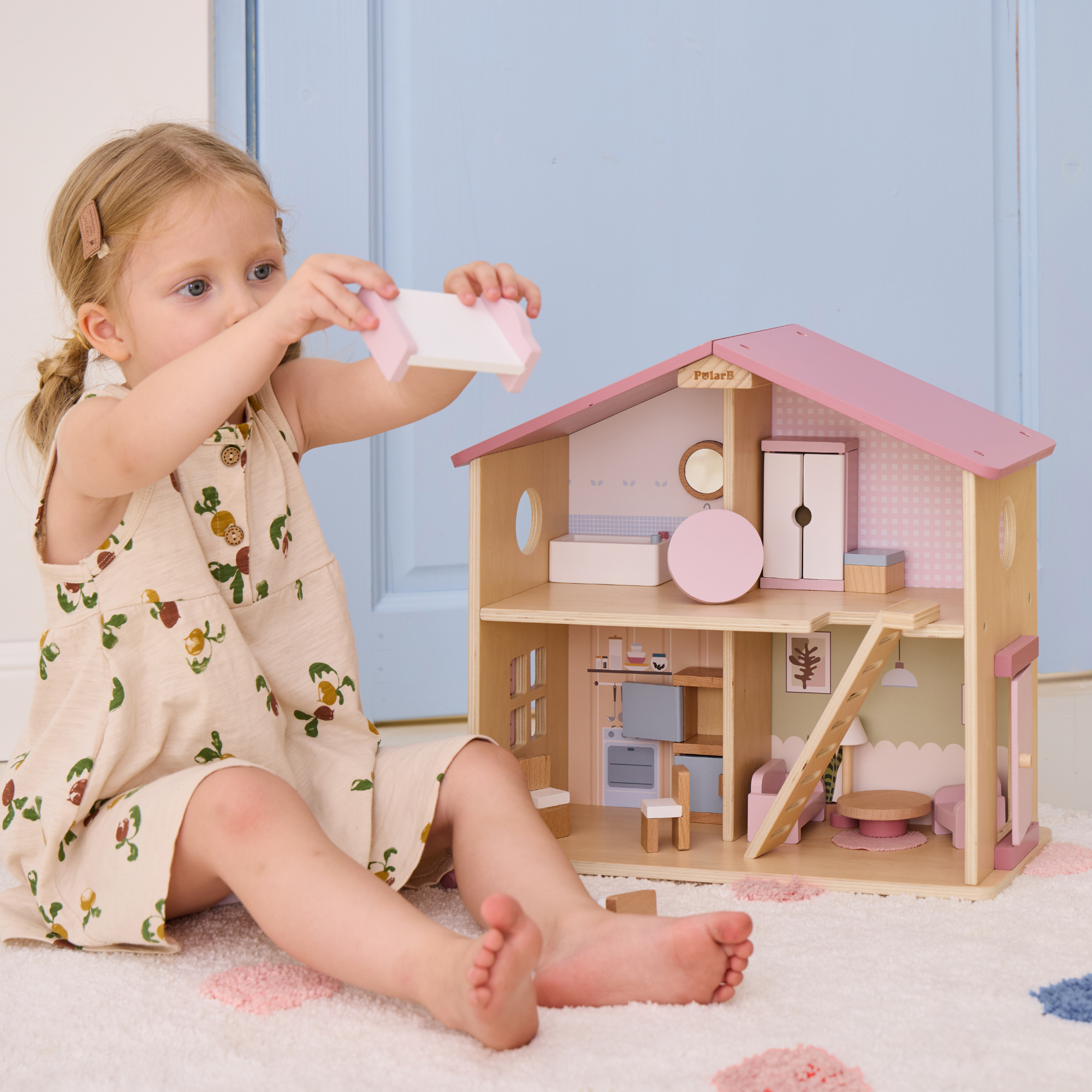 بيت الدمى الخشبي PolarB، بيت لعب من طابقين مع 16 قطعة أثاث، مجموعة ألعاب تظاهرية بألوان الباستيل للأطفال من سن 3 سنوات فما فوق