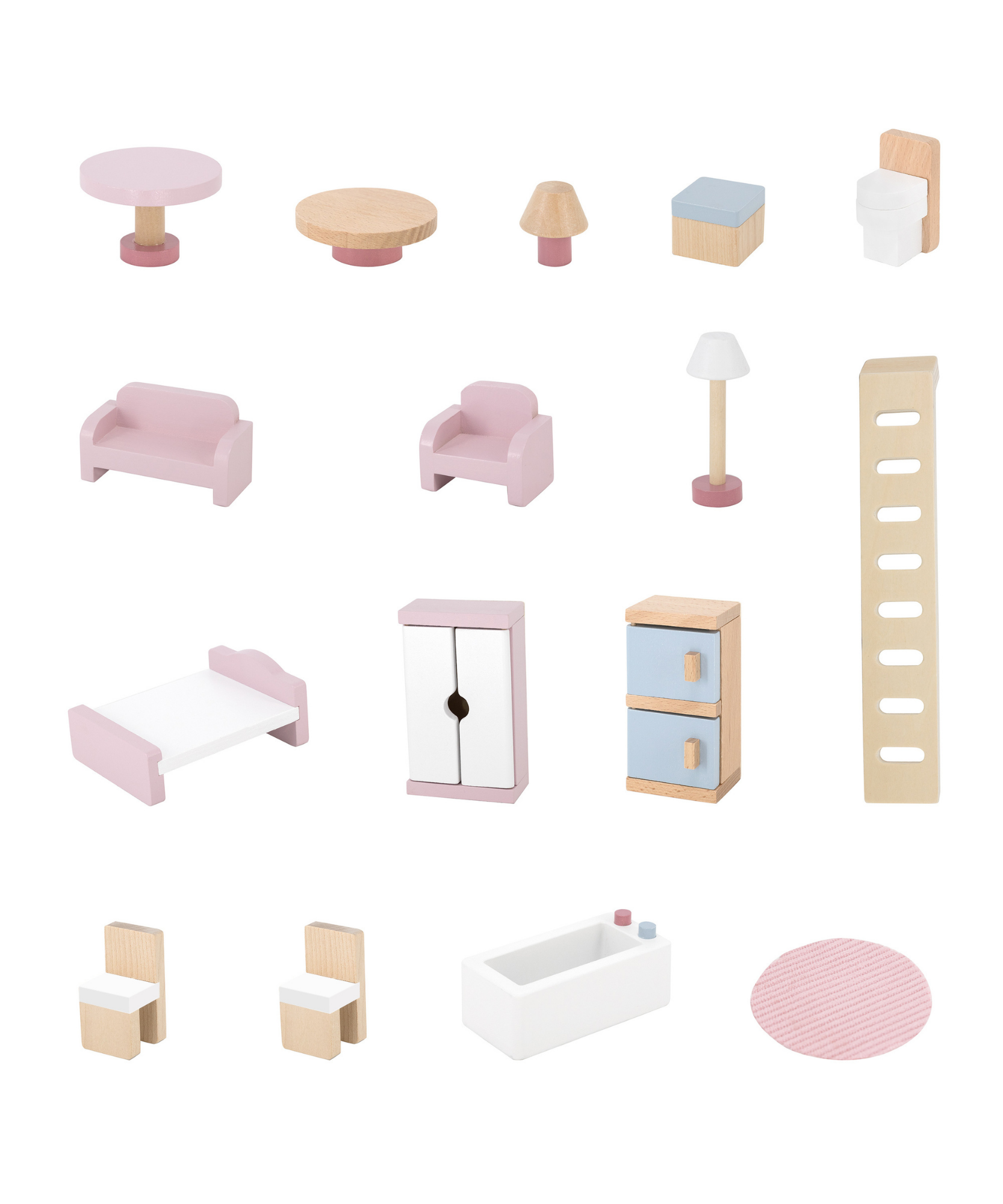 PolarB Wooden Dollhouse, 2-Story Playhouse with 16 Furniture Pieces, Pastel Pretend Play Set for Kids Ages 3+