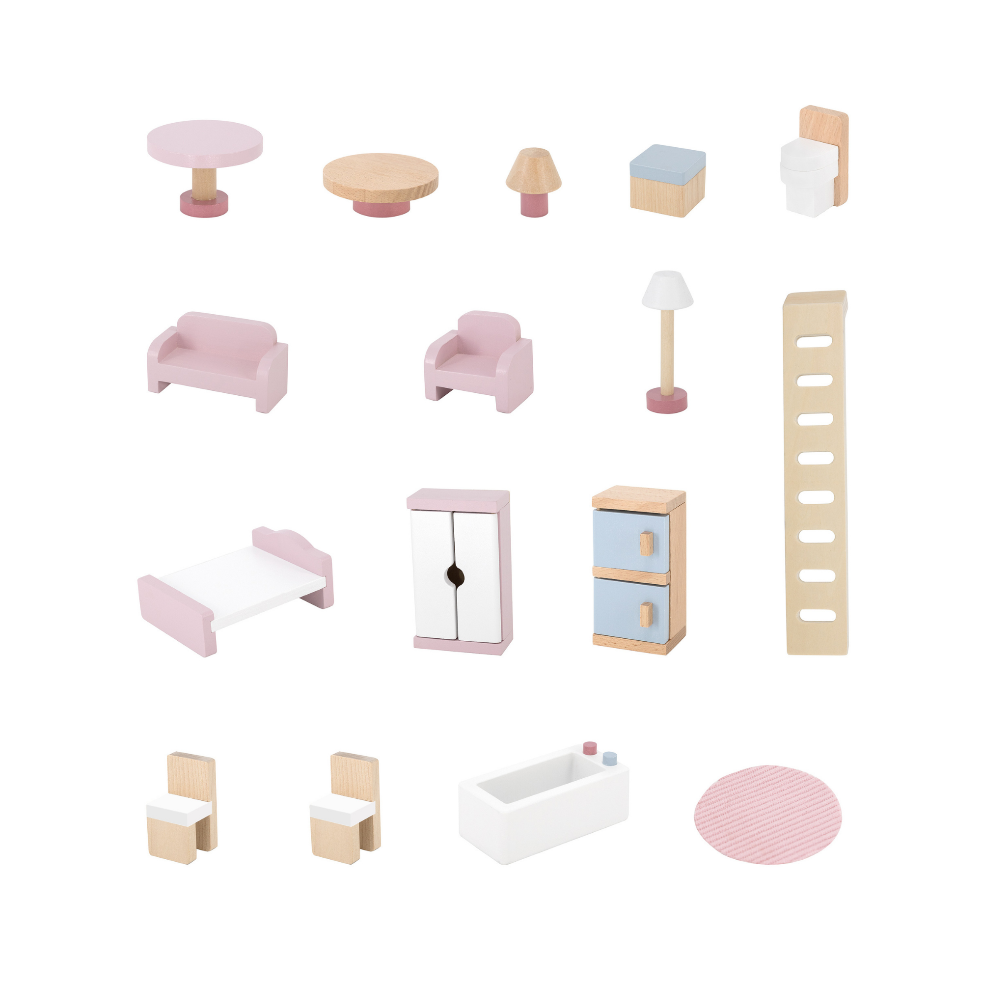 PolarB Wooden Dollhouse, 2-Story Playhouse with 16 Furniture Pieces, Pastel Pretend Play Set for Kids Ages 3+