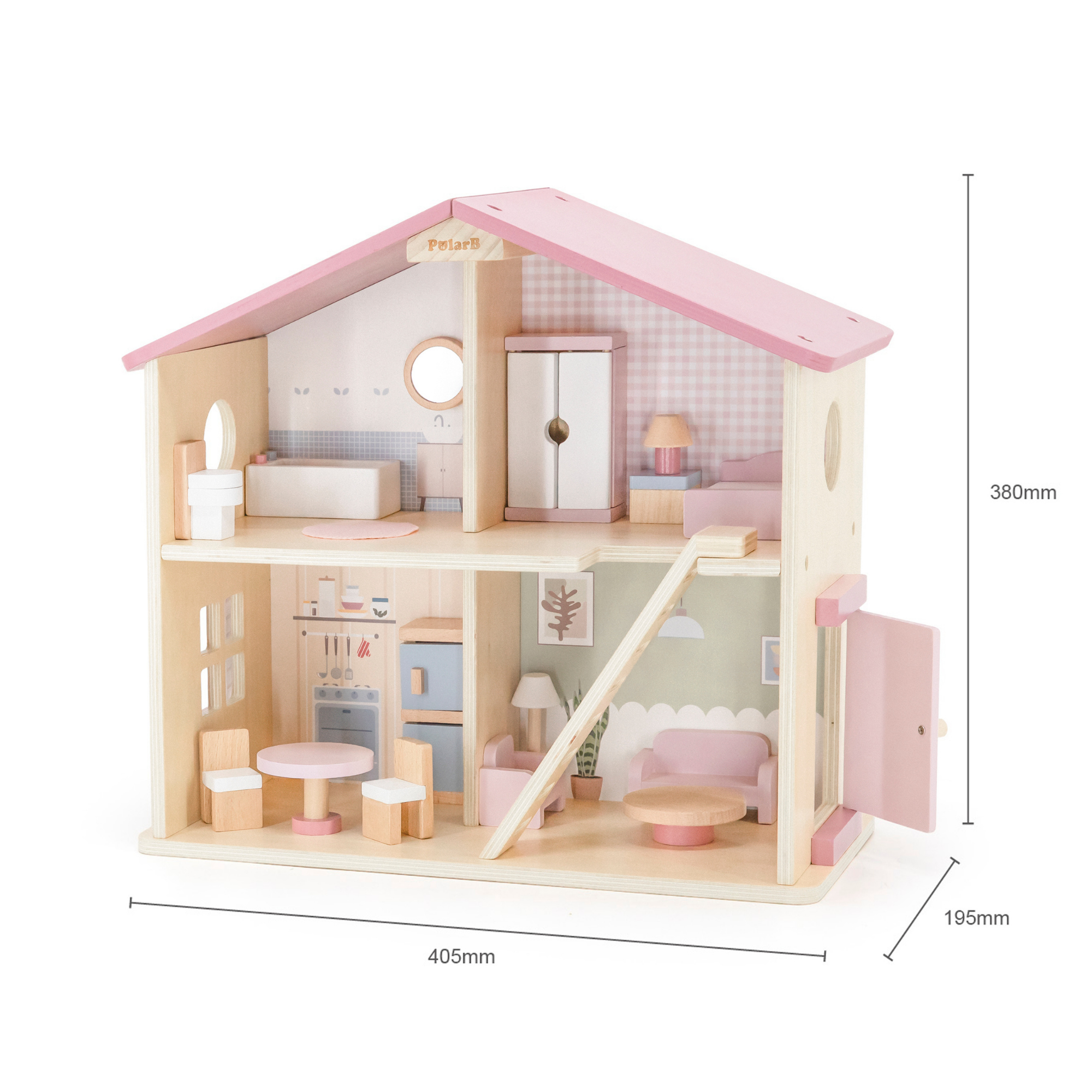 PolarB Wooden Dollhouse, 2-Story Playhouse with 16 Furniture Pieces, Pastel Pretend Play Set for Kids Ages 3+