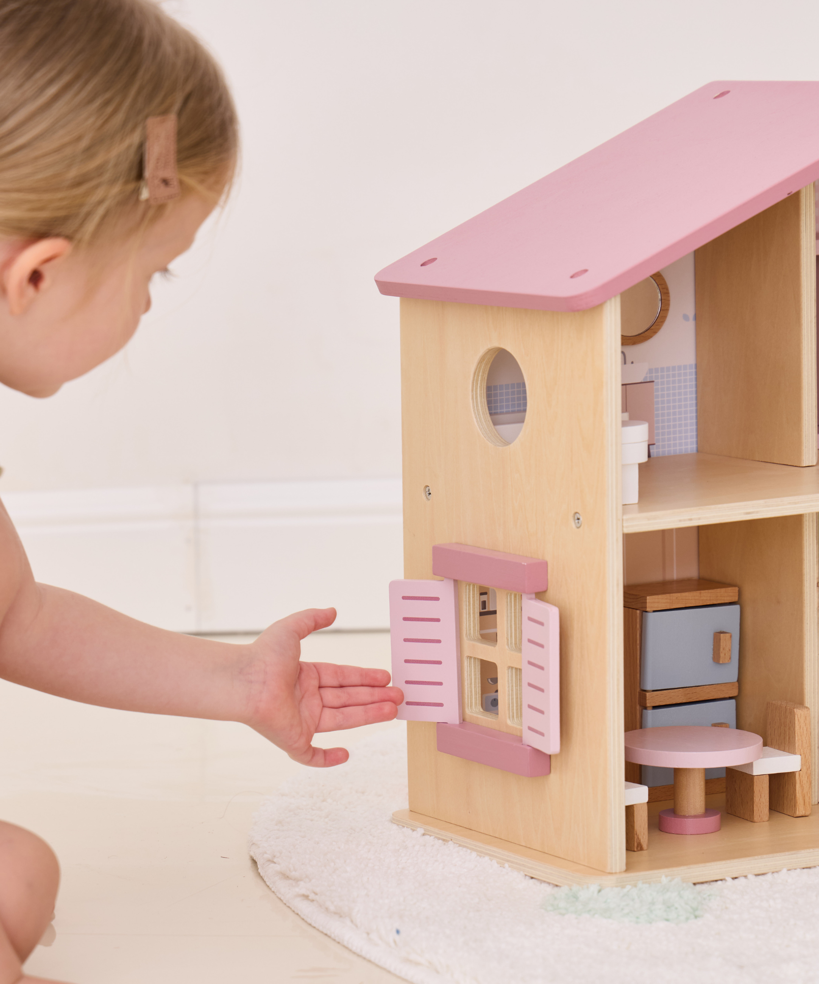 PolarB Wooden Dollhouse, 2-Story Playhouse with 16 Furniture Pieces, Pastel Pretend Play Set for Kids Ages 3+