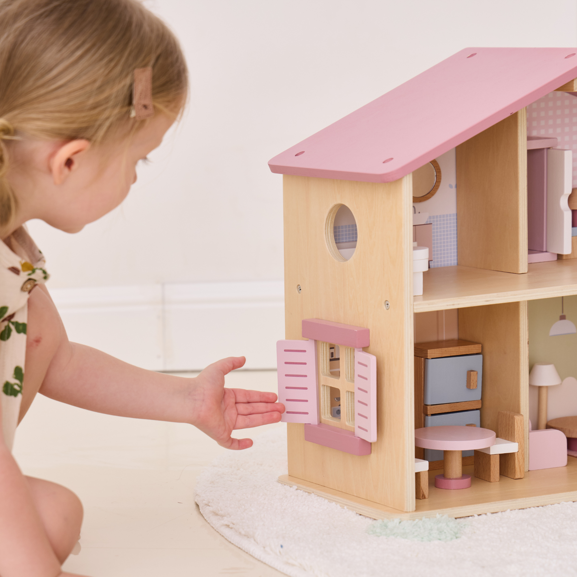 PolarB Wooden Dollhouse, 2-Story Playhouse with 16 Furniture Pieces, Pastel Pretend Play Set for Kids Ages 3+