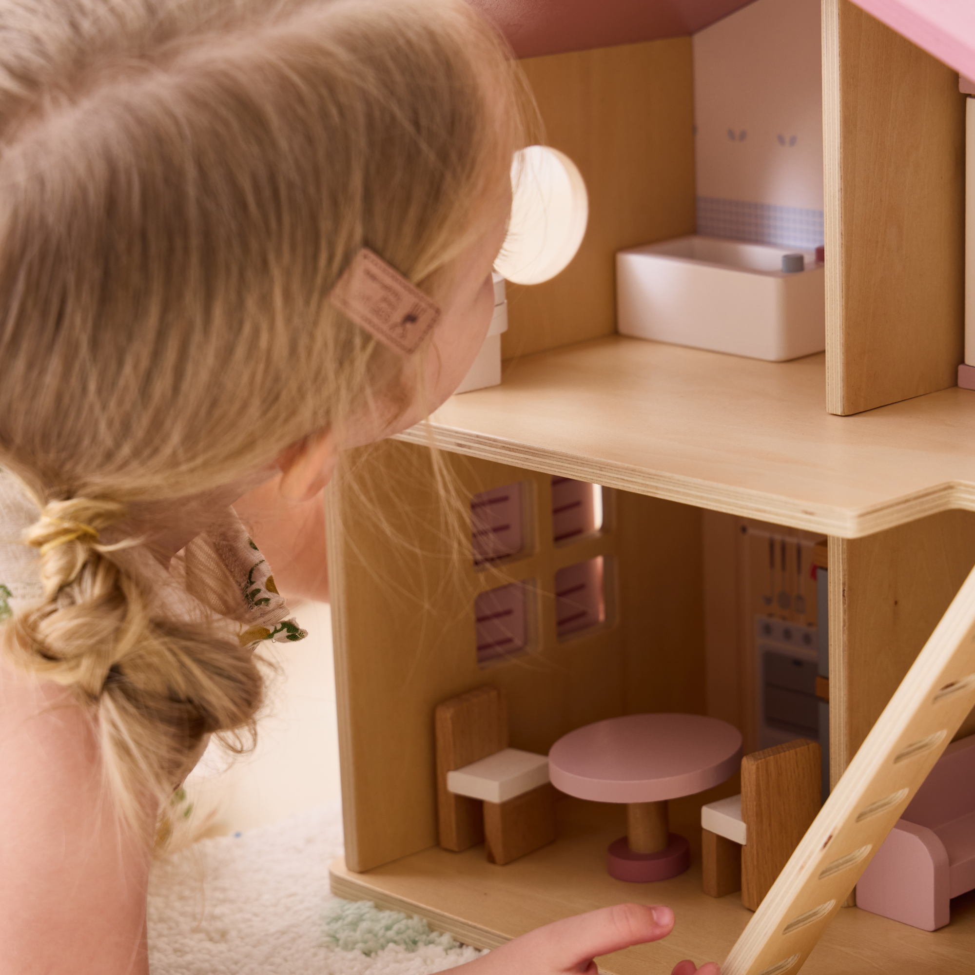 PolarB Wooden Dollhouse, 2-Story Playhouse with 16 Furniture Pieces, Pastel Pretend Play Set for Kids Ages 3+