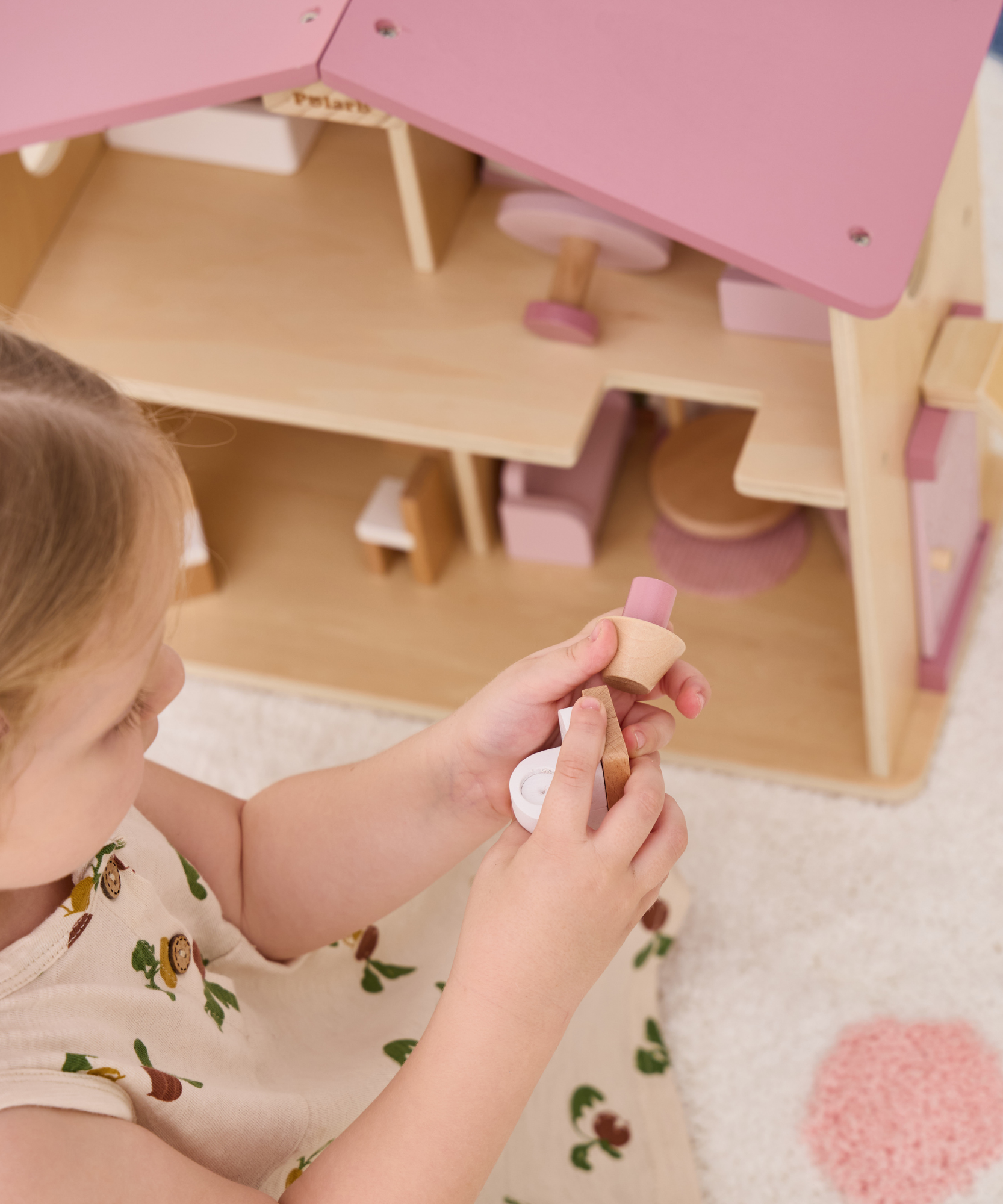 PolarB Wooden Dollhouse, 2-Story Playhouse with 16 Furniture Pieces, Pastel Pretend Play Set for Kids Ages 3+