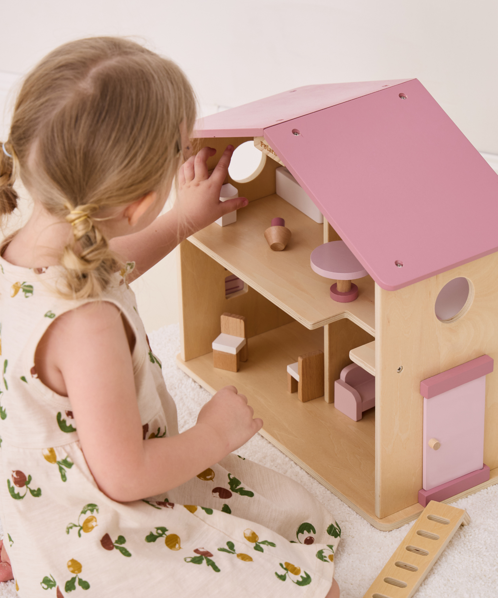 PolarB Wooden Dollhouse, 2-Story Playhouse with 16 Furniture Pieces, Pastel Pretend Play Set for Kids Ages 3+