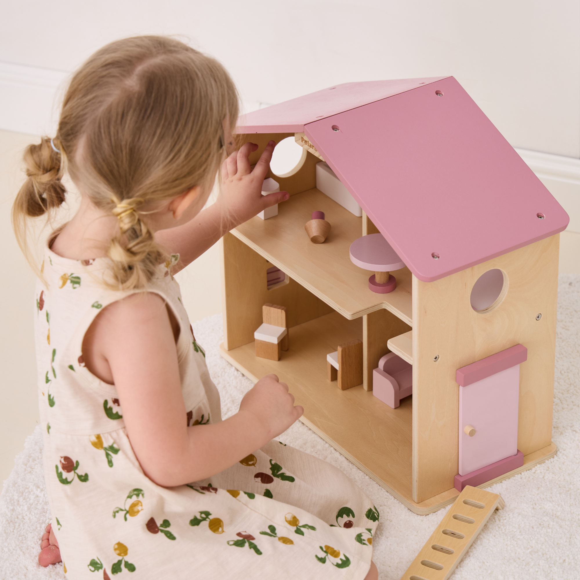 PolarB Wooden Dollhouse, 2-Story Playhouse with 16 Furniture Pieces, Pastel Pretend Play Set for Kids Ages 3+
