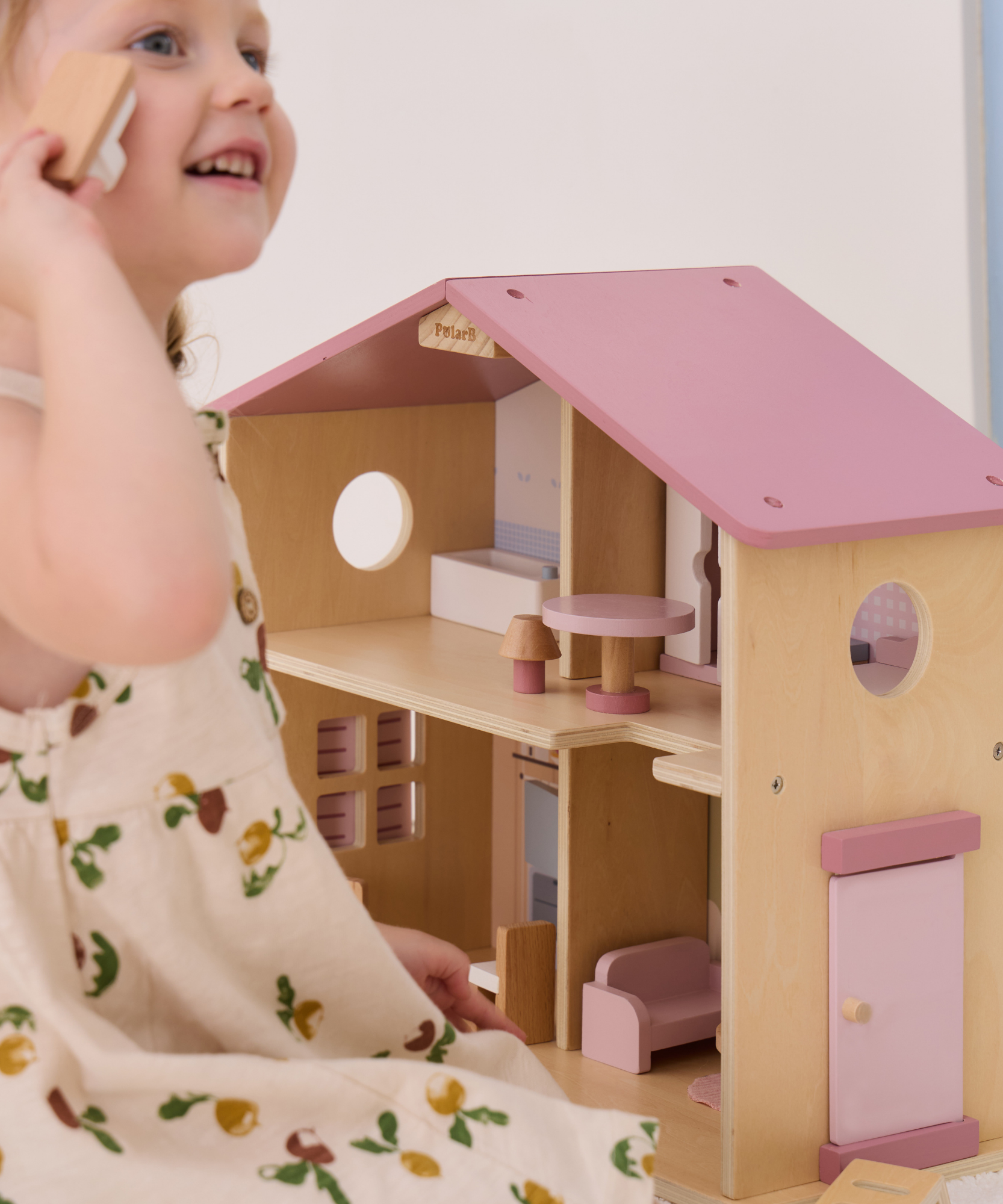 PolarB Wooden Dollhouse, 2-Story Playhouse with 16 Furniture Pieces, Pastel Pretend Play Set for Kids Ages 3+