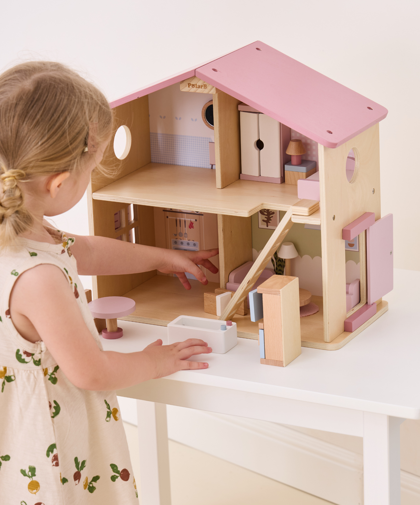 PolarB Wooden Dollhouse, 2-Story Playhouse with 16 Furniture Pieces, Pastel Pretend Play Set for Kids Ages 3+