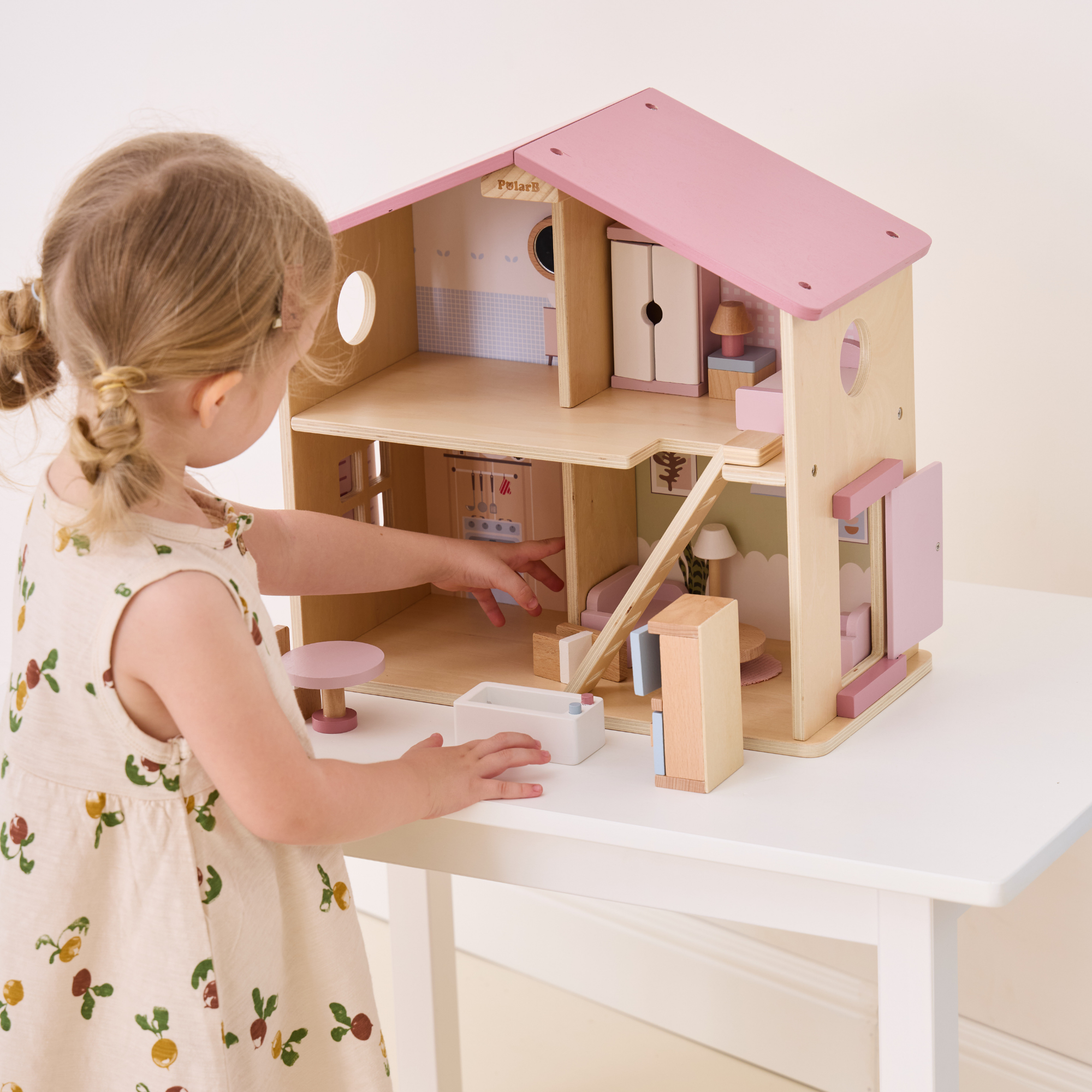 PolarB Wooden Dollhouse, 2-Story Playhouse with 16 Furniture Pieces, Pastel Pretend Play Set for Kids Ages 3+