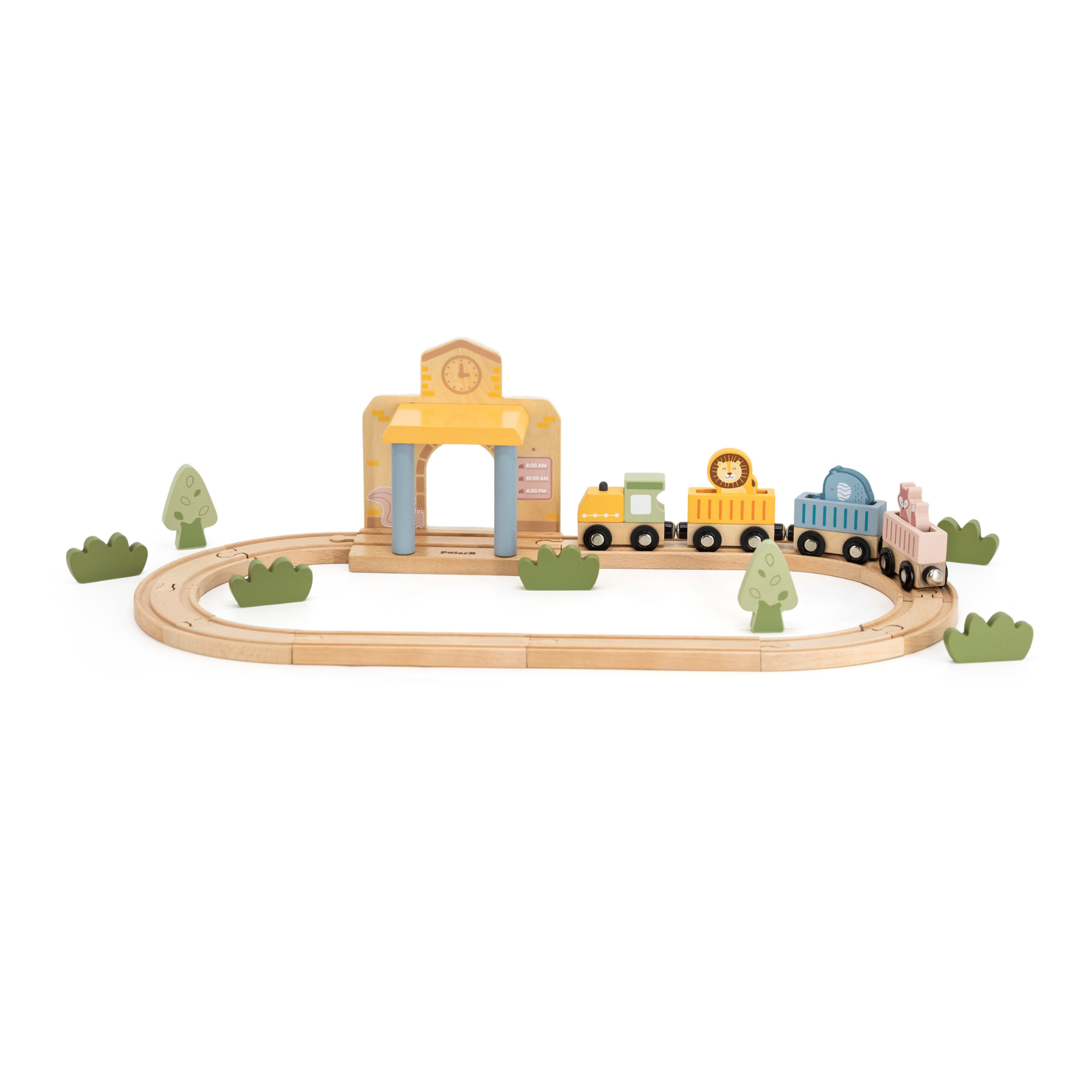 مجموعة قطارات خشبية من PolarB، 30 قطعة مع محطة صوت تفاعلية، ومسارات، وشخصيات حيوانات، وملحقاتها، لعبة تعليمية للأطفال من سن 3 سنوات فما فوق