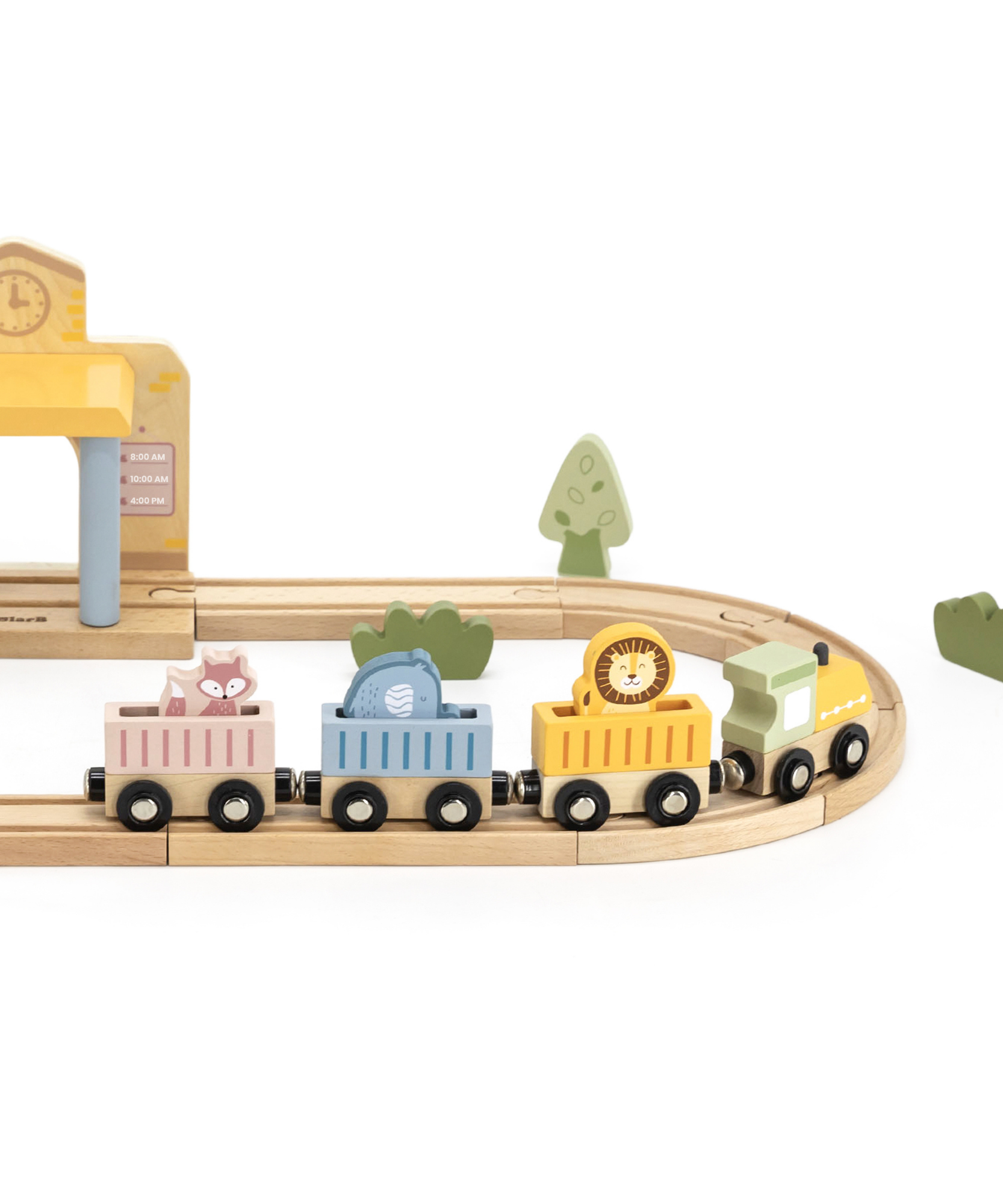 مجموعة قطارات خشبية من PolarB، 30 قطعة مع محطة صوت تفاعلية، ومسارات، وشخصيات حيوانات، وملحقاتها، لعبة تعليمية للأطفال من سن 3 سنوات فما فوق