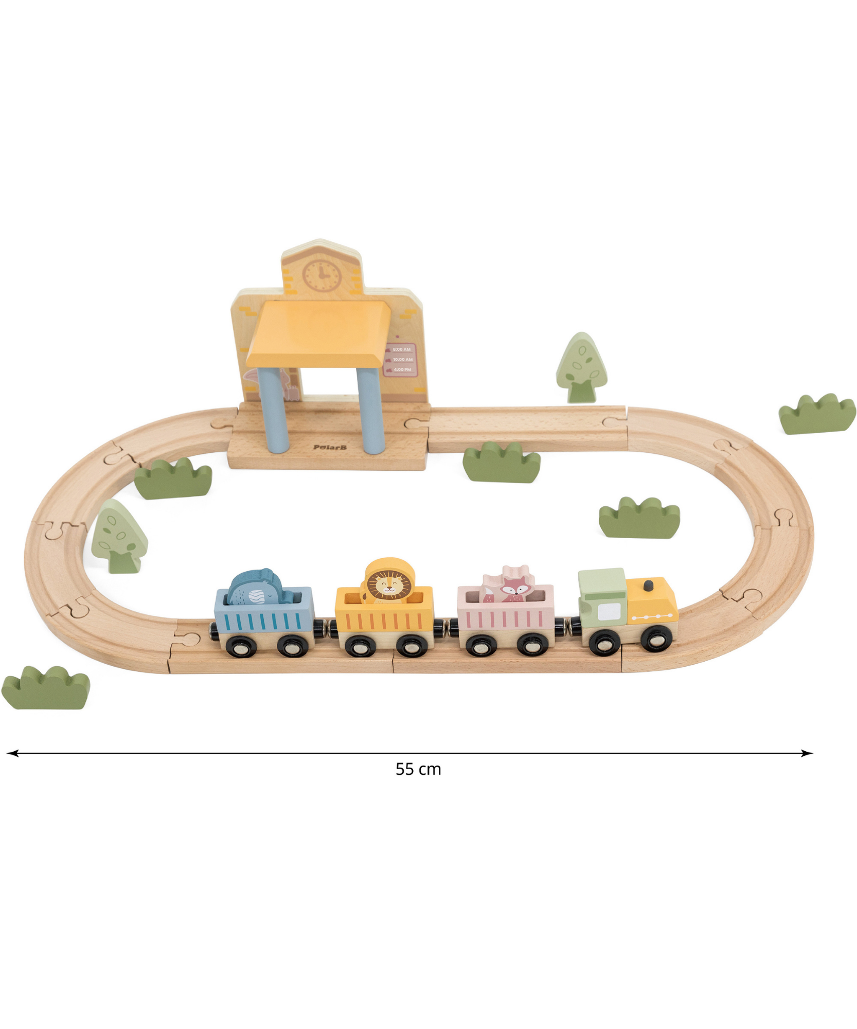 مجموعة قطارات خشبية من PolarB، 30 قطعة مع محطة صوت تفاعلية، ومسارات، وشخصيات حيوانات، وملحقاتها، لعبة تعليمية للأطفال من سن 3 سنوات فما فوق