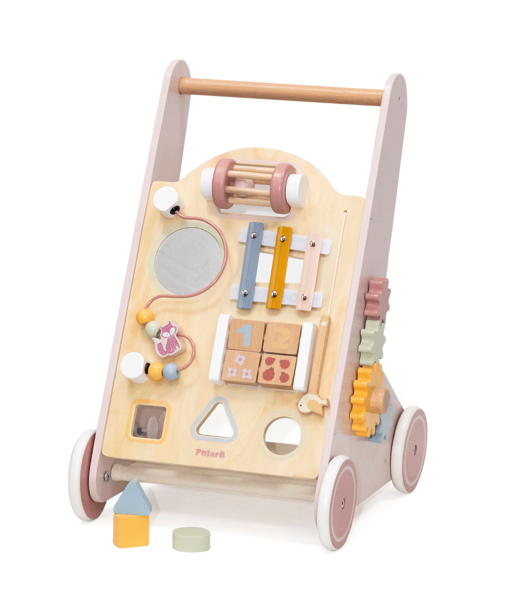 PolarB Wooden Baby Push Walker with Activity Center, Multifunctional Walking Aid with Shape Sorter, Xylophone, Mirror and Storage, Encourages Motor Skills and Early Development, Ages 18 Months+