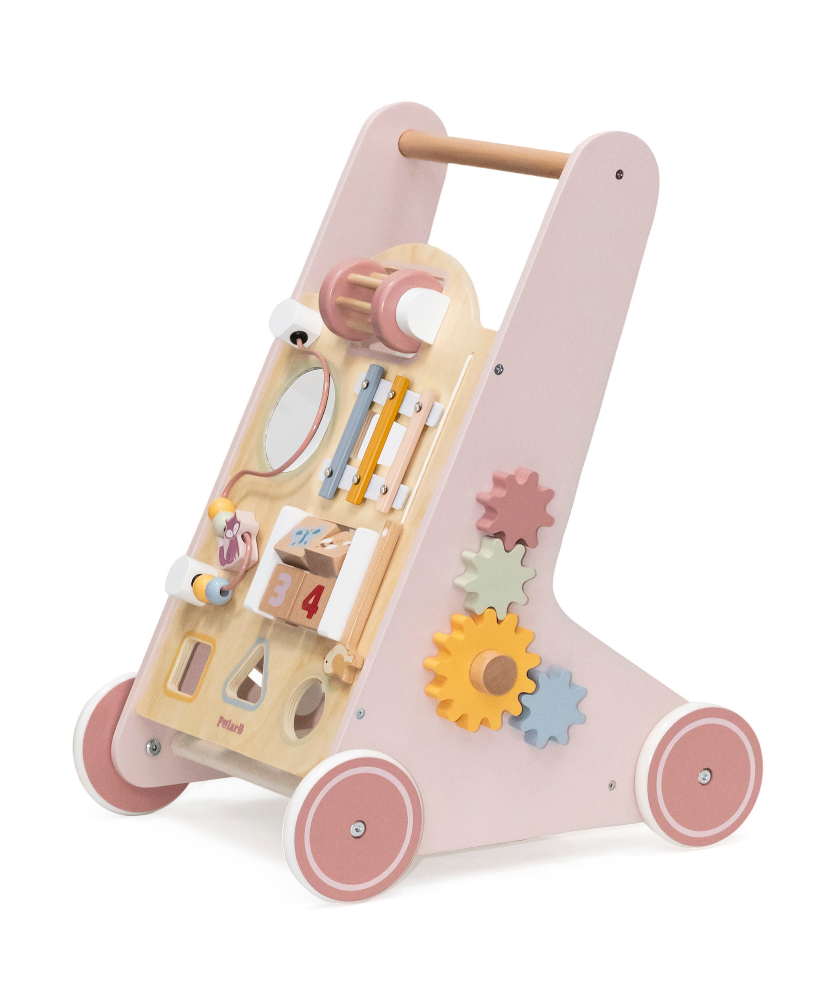 PolarB Wooden Baby Push Walker with Activity Center, Multifunctional Walking Aid with Shape Sorter, Xylophone, Mirror and Storage, Encourages Motor Skills and Early Development, Ages 18 Months+