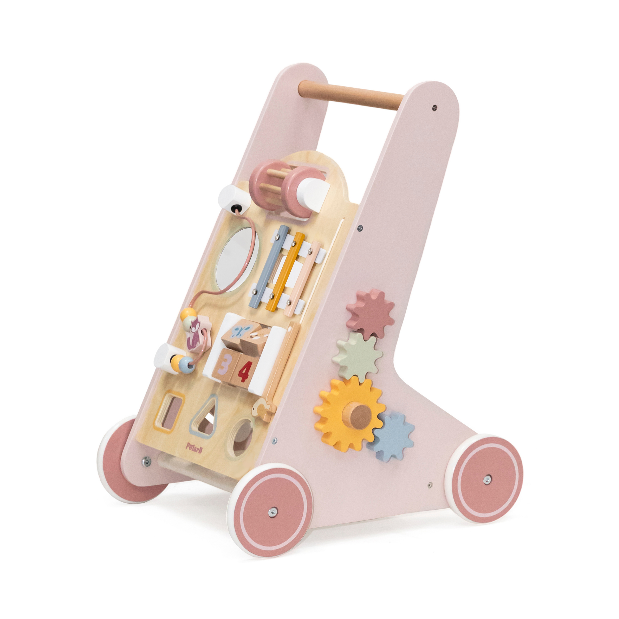 PolarB Wooden Baby Push Walker with Activity Center, Multifunctional Walking Aid with Shape Sorter, Xylophone, Mirror and Storage, Encourages Motor Skills and Early Development, Ages 18 Months+