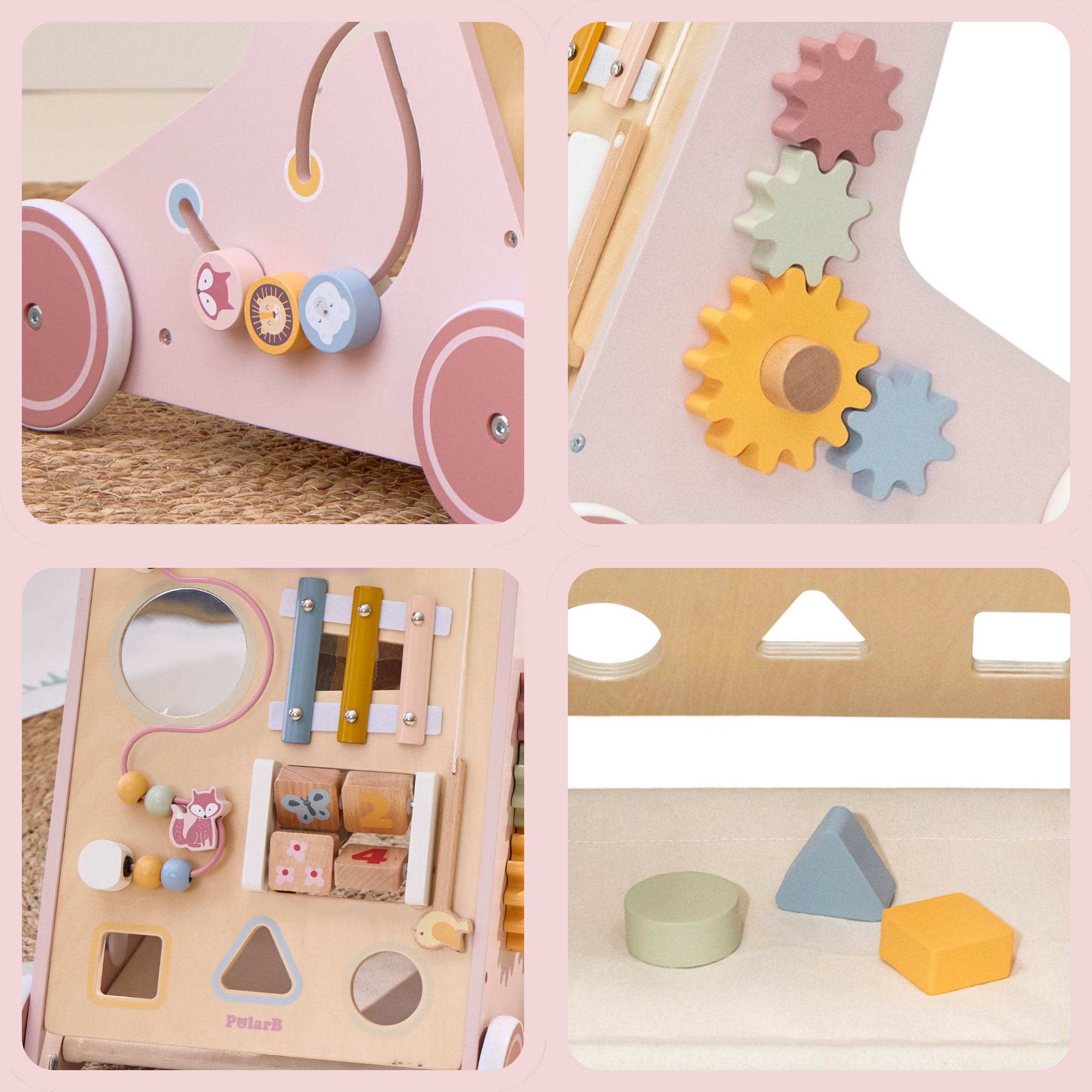 PolarB Wooden Baby Push Walker with Activity Center, Multifunctional Walking Aid with Shape Sorter, Xylophone, Mirror and Storage, Encourages Motor Skills and Early Development, Ages 18 Months+