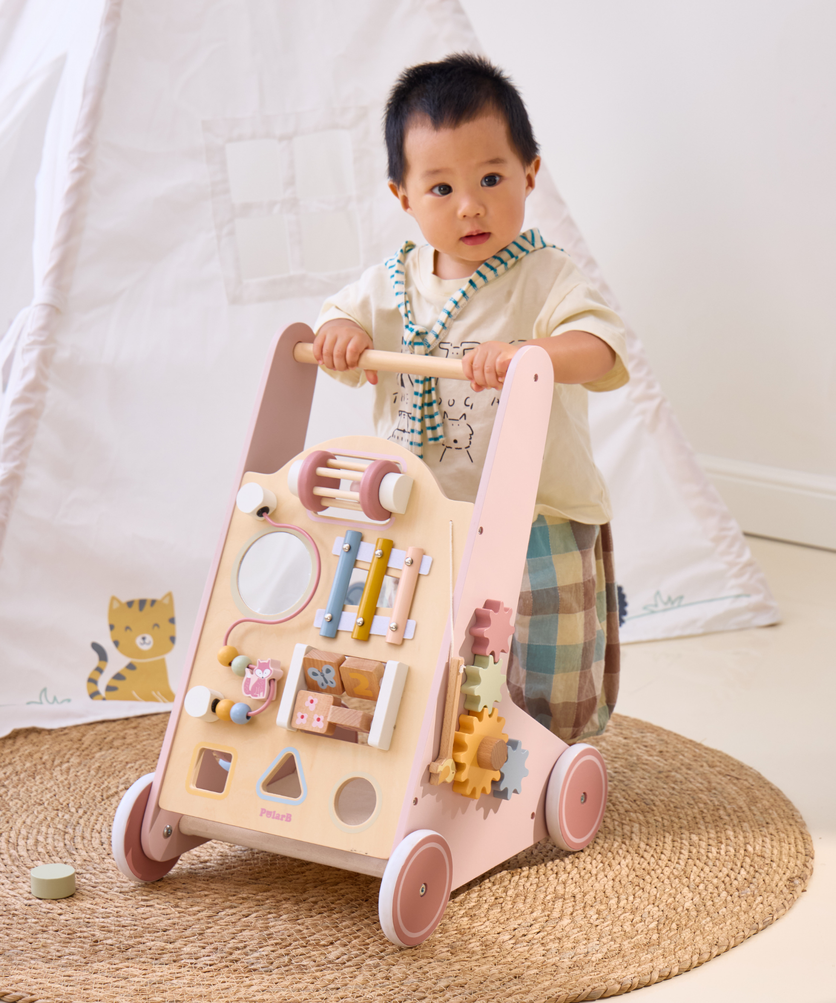 PolarB Wooden Baby Push Walker with Activity Center, Multifunctional Walking Aid with Shape Sorter, Xylophone, Mirror and Storage, Encourages Motor Skills and Early Development, Ages 18 Months+