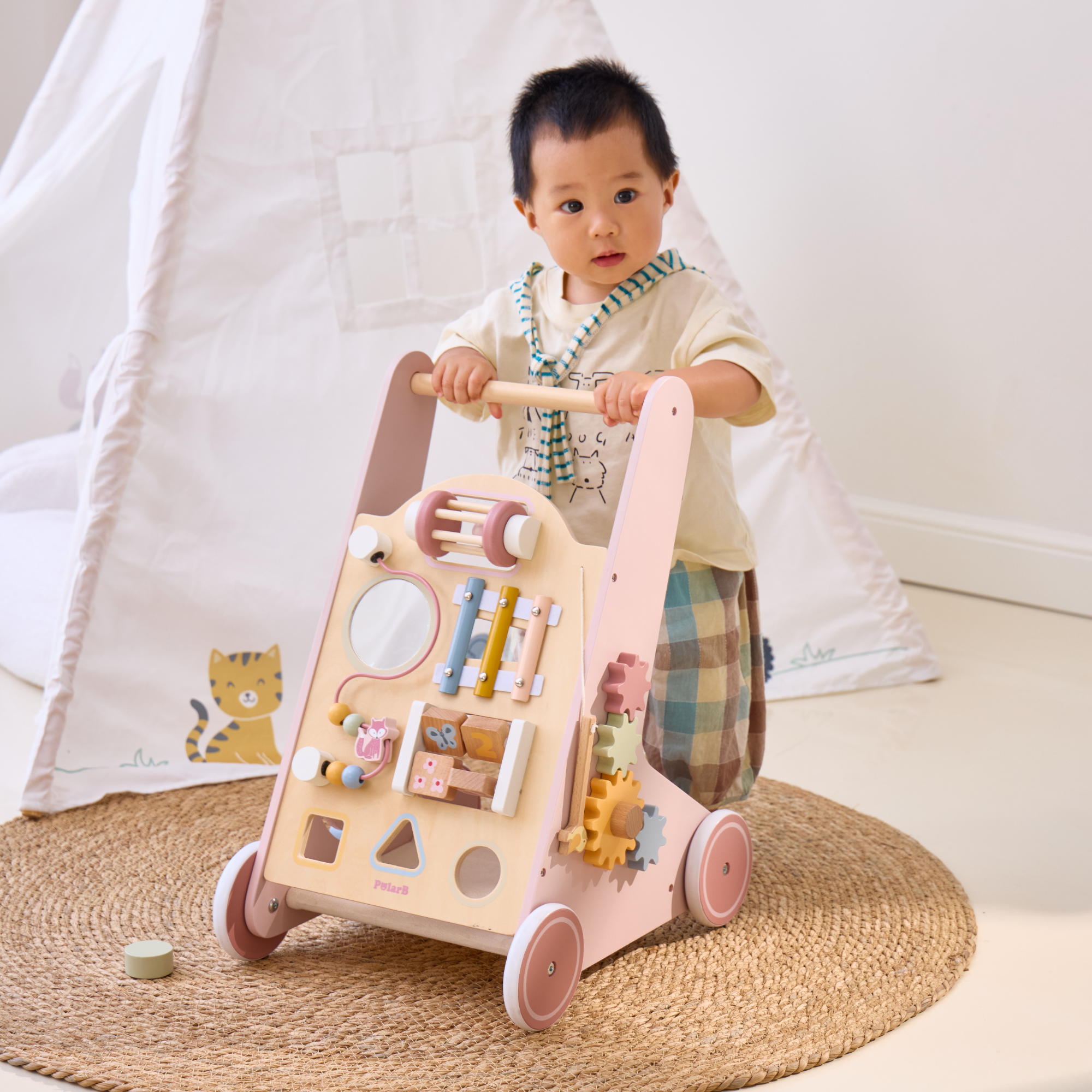 PolarB Wooden Baby Push Walker with Activity Center, Multifunctional Walking Aid with Shape Sorter, Xylophone, Mirror and Storage, Encourages Motor Skills and Early Development, Ages 18 Months+