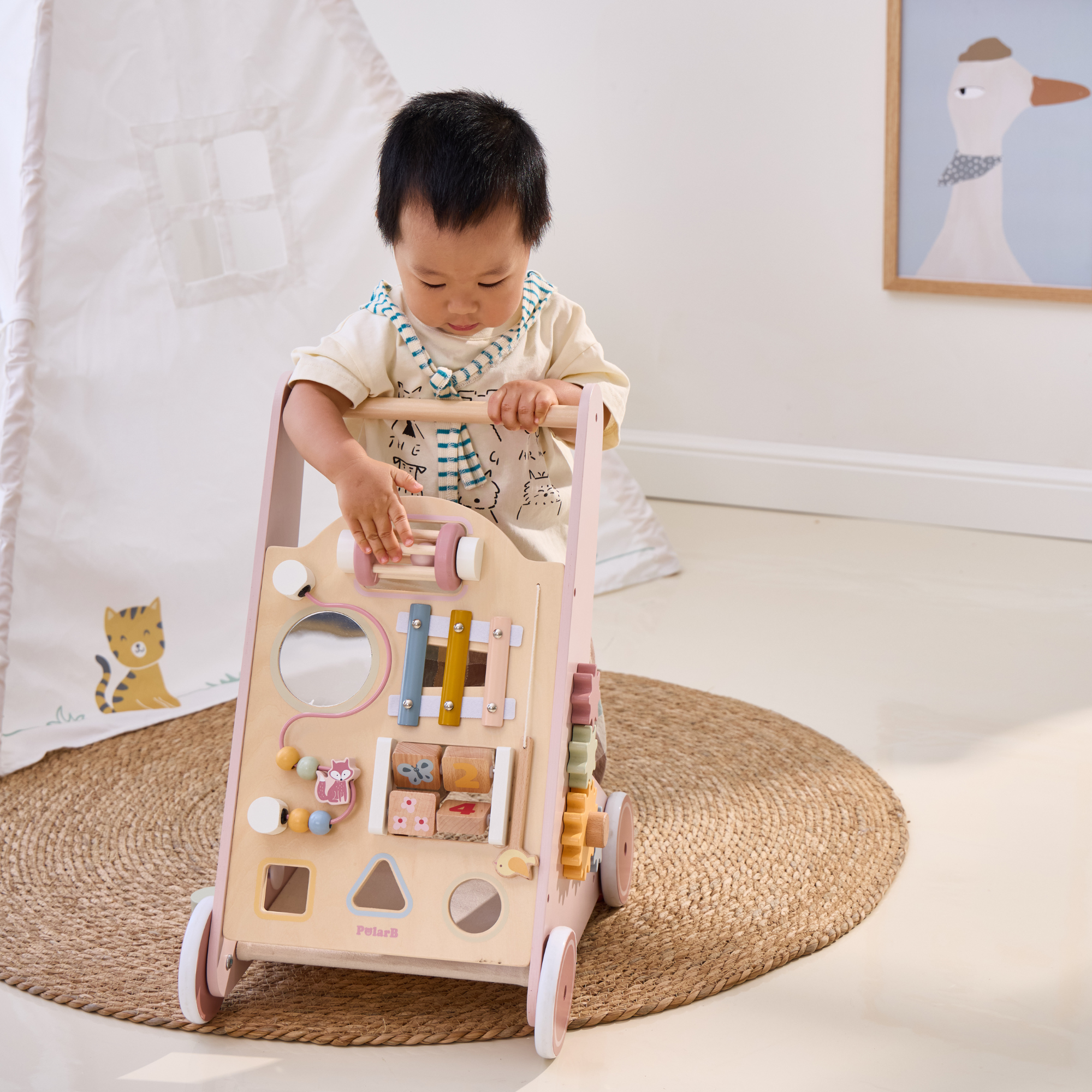 PolarB Wooden Baby Push Walker with Activity Center, Multifunctional Walking Aid with Shape Sorter, Xylophone, Mirror and Storage, Encourages Motor Skills and Early Development, Ages 18 Months+