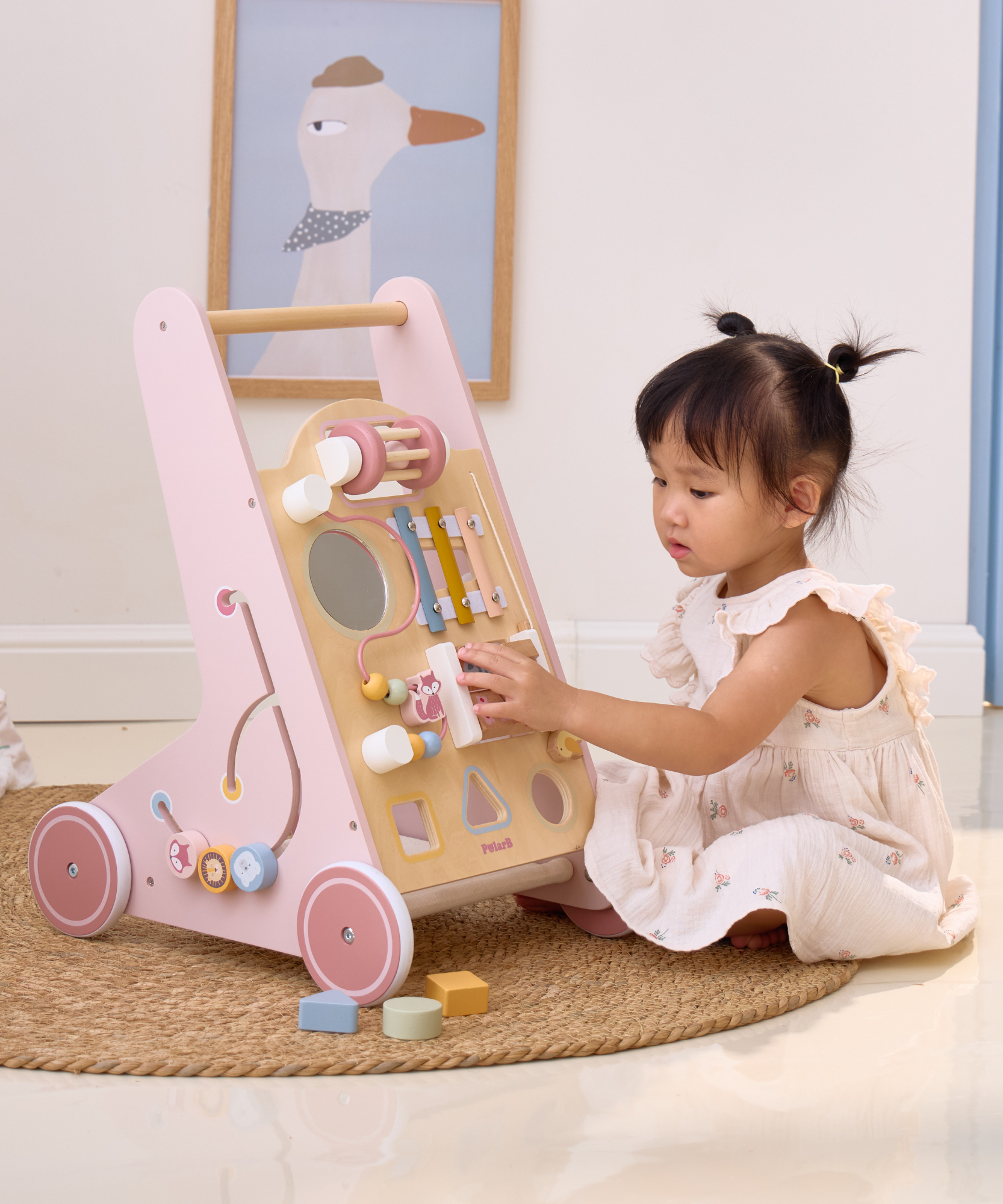 PolarB Wooden Baby Push Walker with Activity Center, Multifunctional Walking Aid with Shape Sorter, Xylophone, Mirror and Storage, Encourages Motor Skills and Early Development, Ages 18 Months+