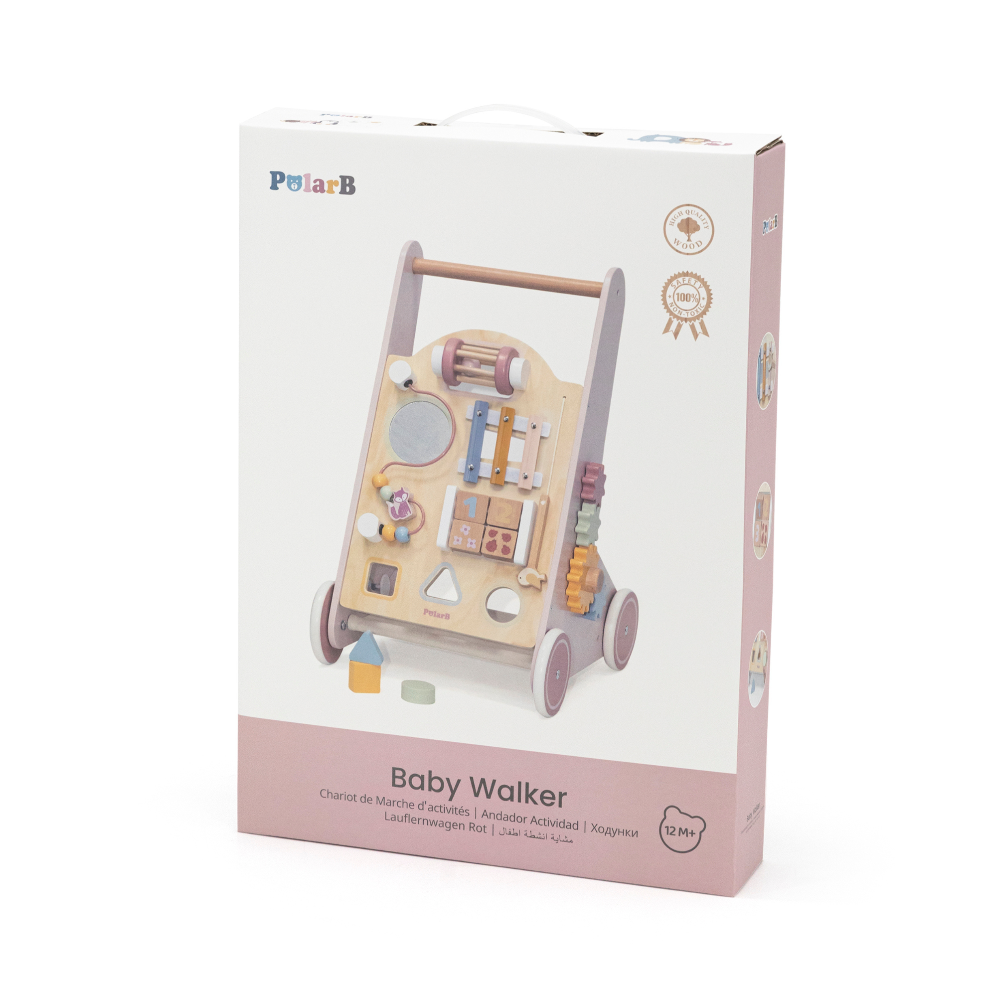 PolarB Wooden Baby Push Walker with Activity Center, Multifunctional Walking Aid with Shape Sorter, Xylophone, Mirror and Storage, Encourages Motor Skills and Early Development, Ages 18 Months+