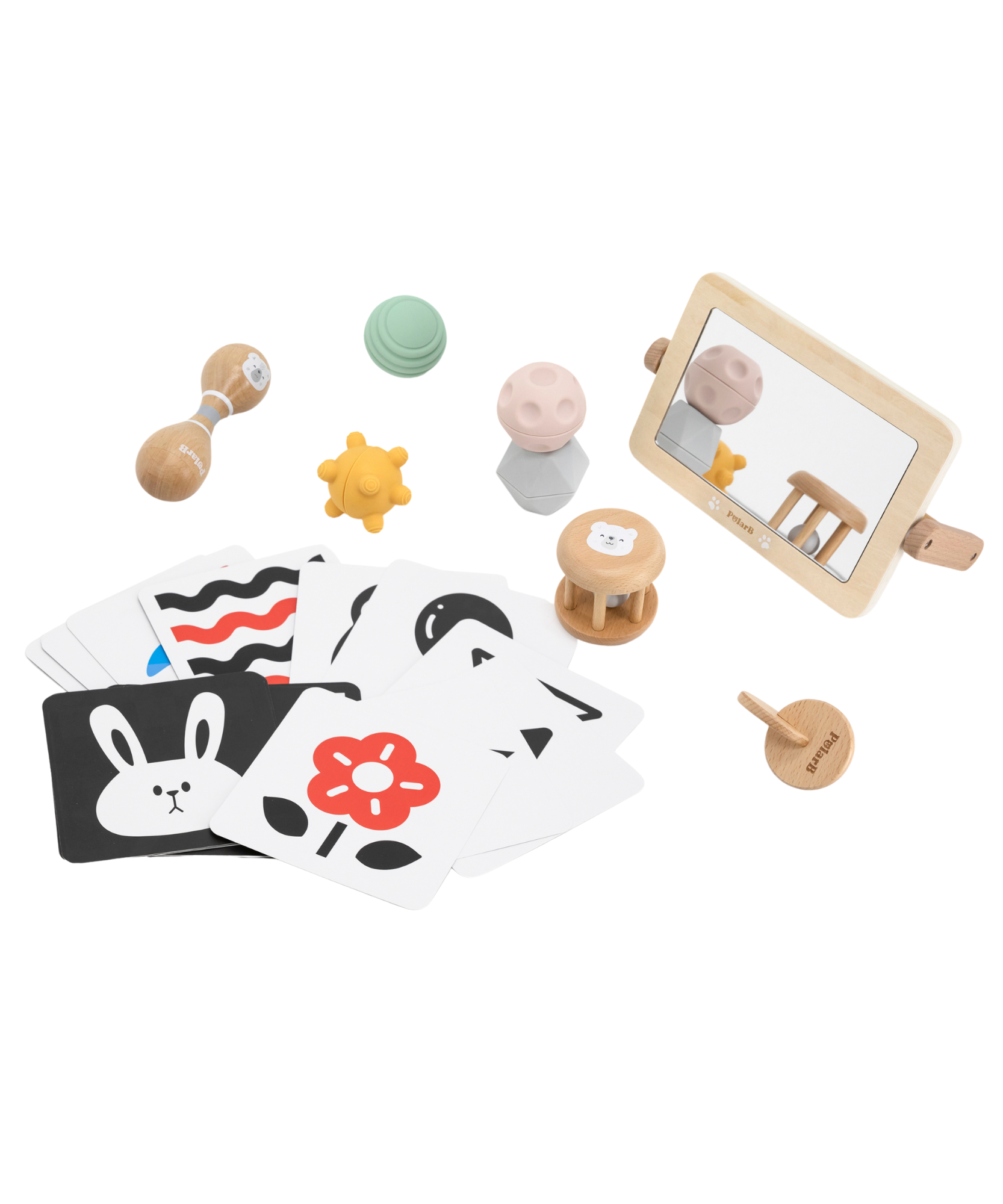 صندوق PolarB FSC Grow-with-Me Sensory Seekers، مجموعة ألعاب حسية مستوحاة من مونتيسوري للأطفال من عمر 0 إلى 6 أشهر، تتضمن بطاقات عالية التباين، ومرآة، وماراكاس، وخشخيشة، وأقراص، وكرات ذات ملمس مميز