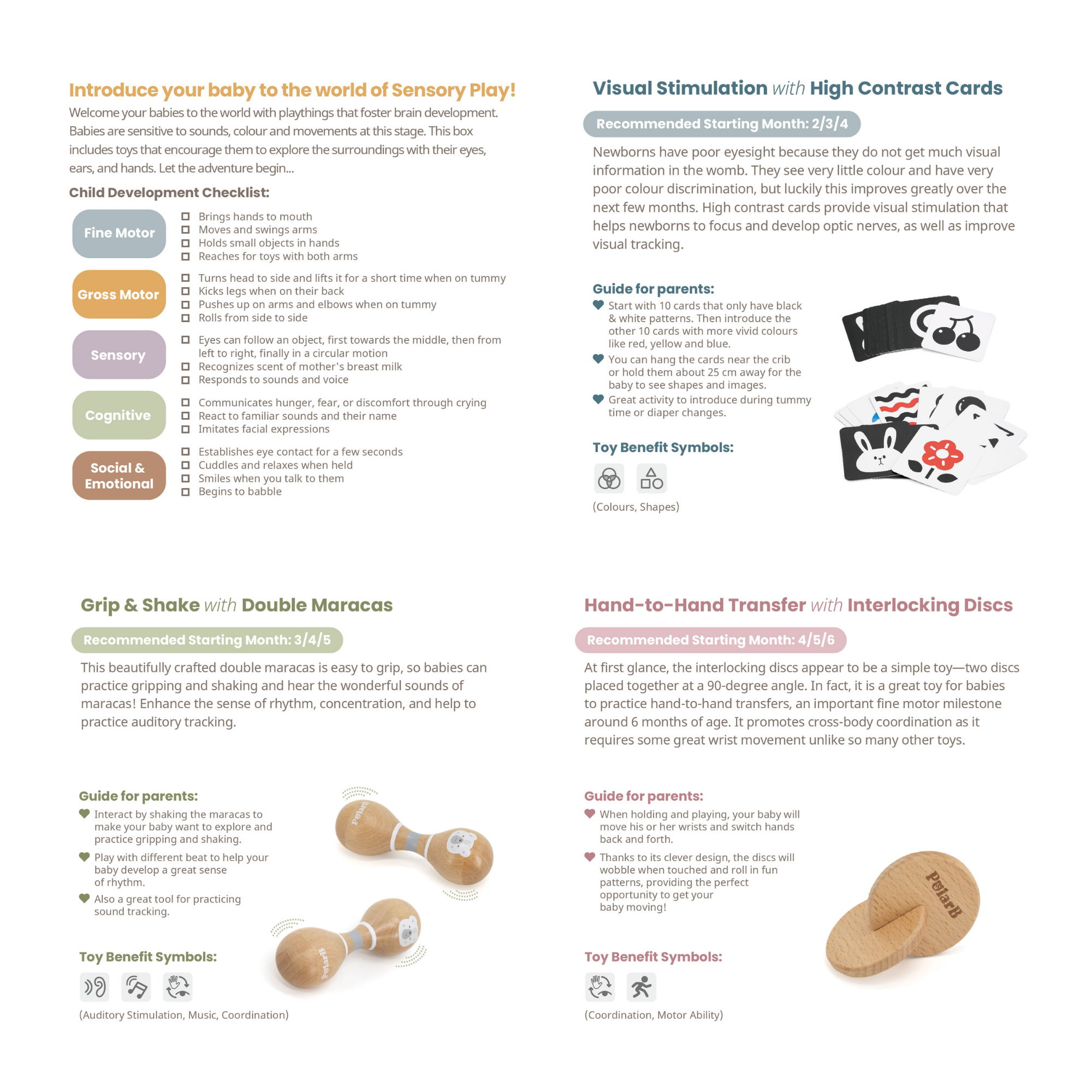 صندوق PolarB FSC Grow-with-Me Sensory Seekers، مجموعة ألعاب حسية مستوحاة من مونتيسوري للأطفال من عمر 0 إلى 6 أشهر، تتضمن بطاقات عالية التباين، ومرآة، وماراكاس، وخشخيشة، وأقراص، وكرات ذات ملمس مميز