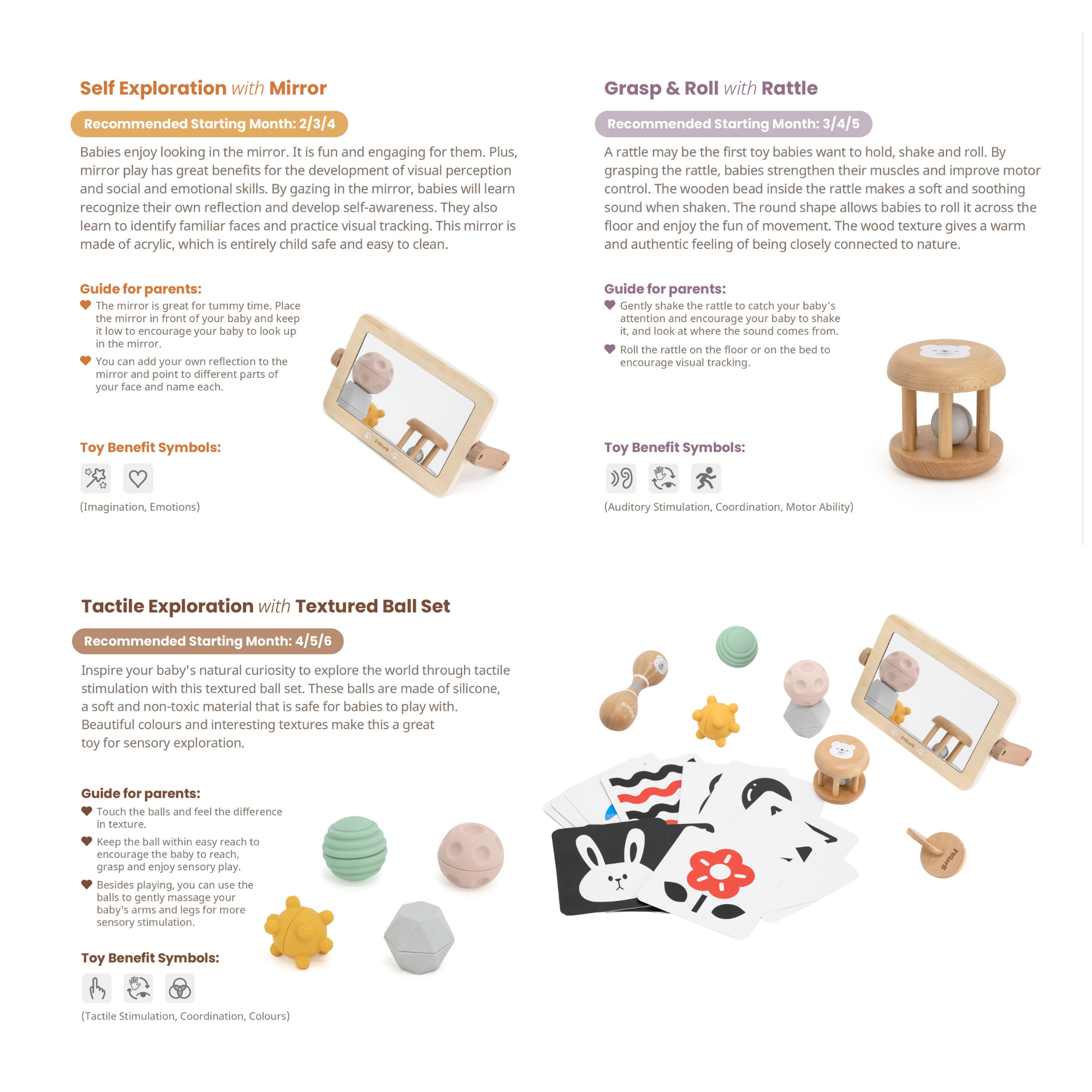 صندوق PolarB FSC Grow-with-Me Sensory Seekers، مجموعة ألعاب حسية مستوحاة من مونتيسوري للأطفال من عمر 0 إلى 6 أشهر، تتضمن بطاقات عالية التباين، ومرآة، وماراكاس، وخشخيشة، وأقراص، وكرات ذات ملمس مميز