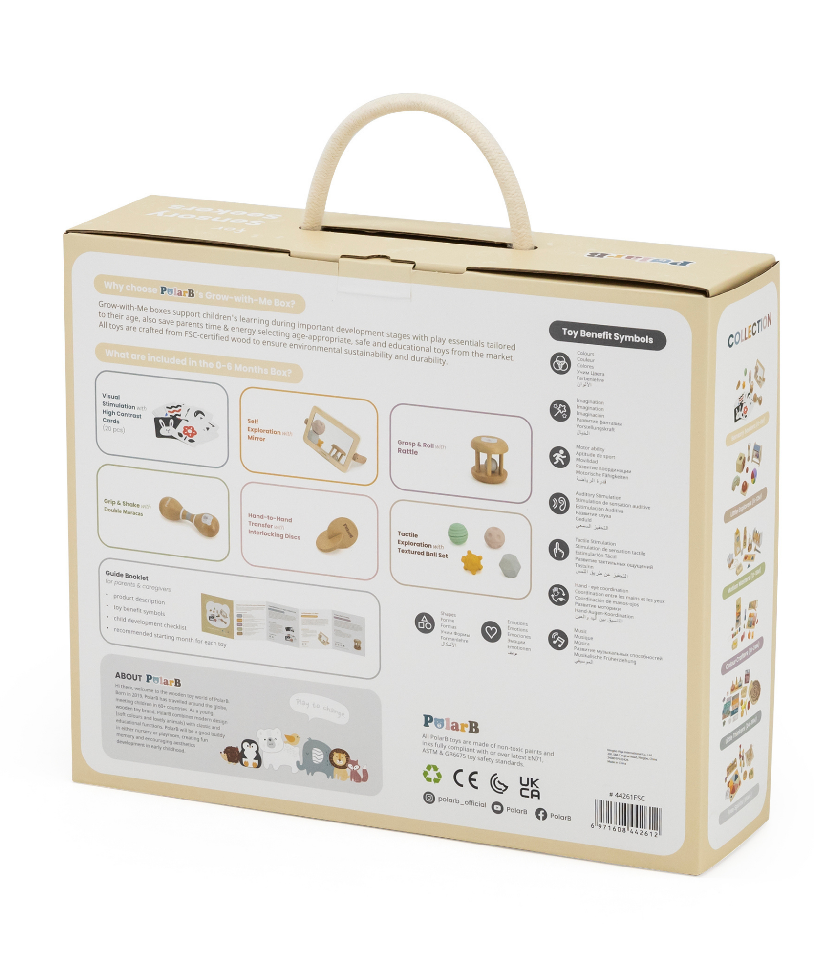 صندوق PolarB FSC Grow-with-Me Sensory Seekers، مجموعة ألعاب حسية مستوحاة من مونتيسوري للأطفال من عمر 0 إلى 6 أشهر، تتضمن بطاقات عالية التباين، ومرآة، وماراكاس، وخشخيشة، وأقراص، وكرات ذات ملمس مميز