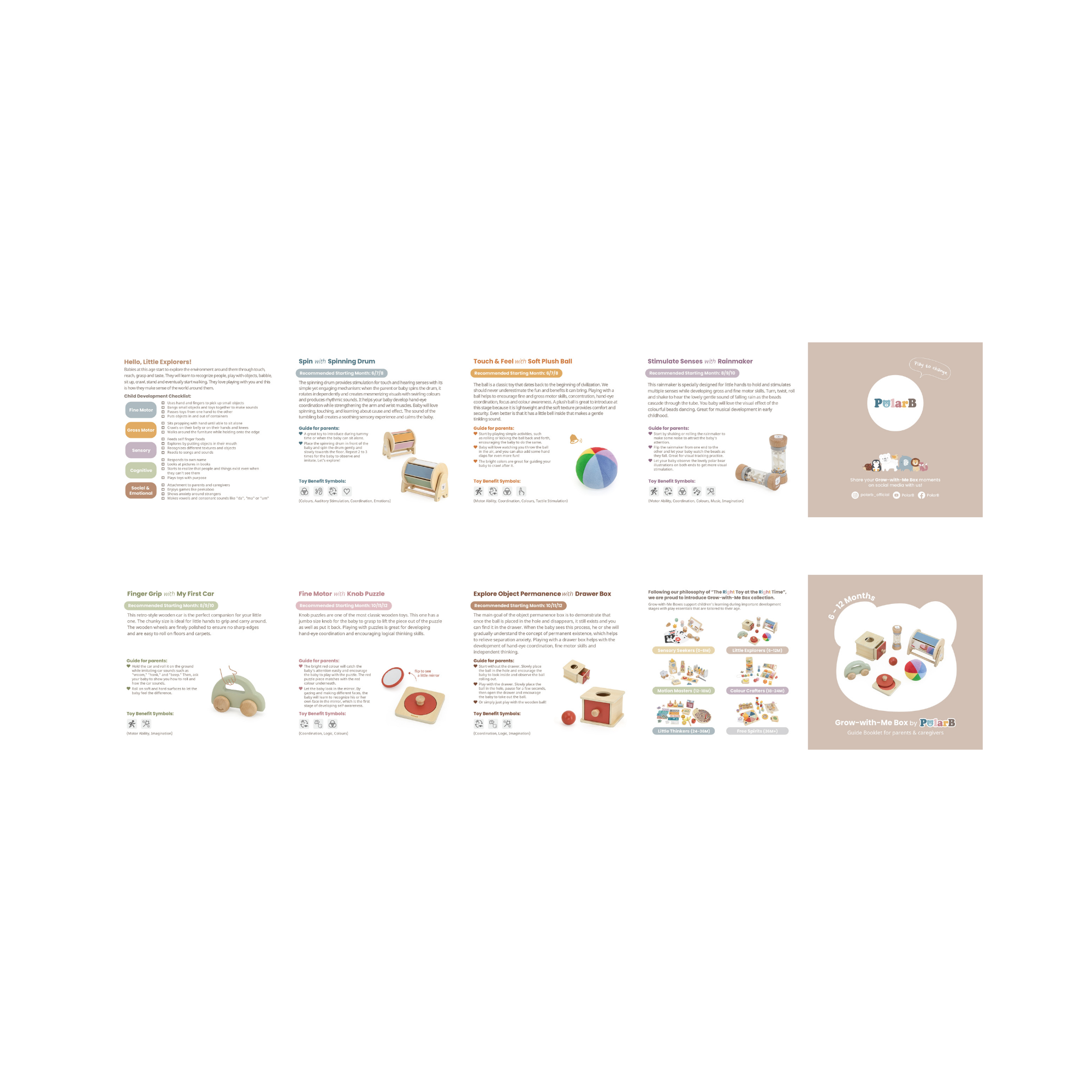 صندوق PolarB FSC Grow-with-Me، مجموعة ألعاب المستكشفين الصغار، لتنمية المهارات الحسية والحركية للأطفال من عمر 6 إلى 12 شهرًا، تتضمن سيارة خشبية، وفرز المرايا، وكرة قطيفة، ولغز، والمزيد