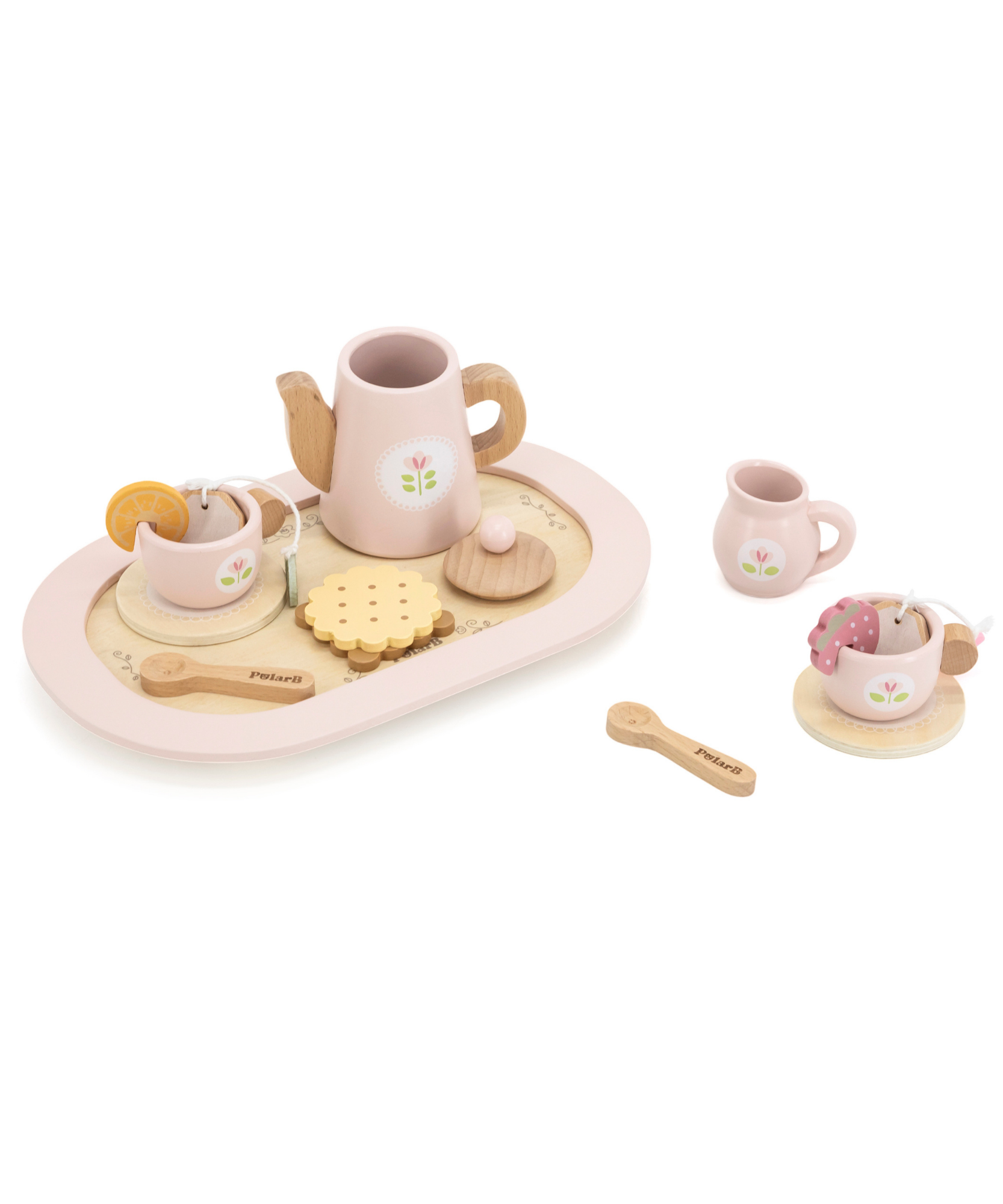 مجموعة حفل الشاي الخشبية من PolarB، مجموعة شاي تظاهرية مع إبريق شاي وأكواب وصينية وبسكويت وملحقات، لعبة لعب الأدوار للأطفال الصغار، من سن 3 سنوات فما فوق
