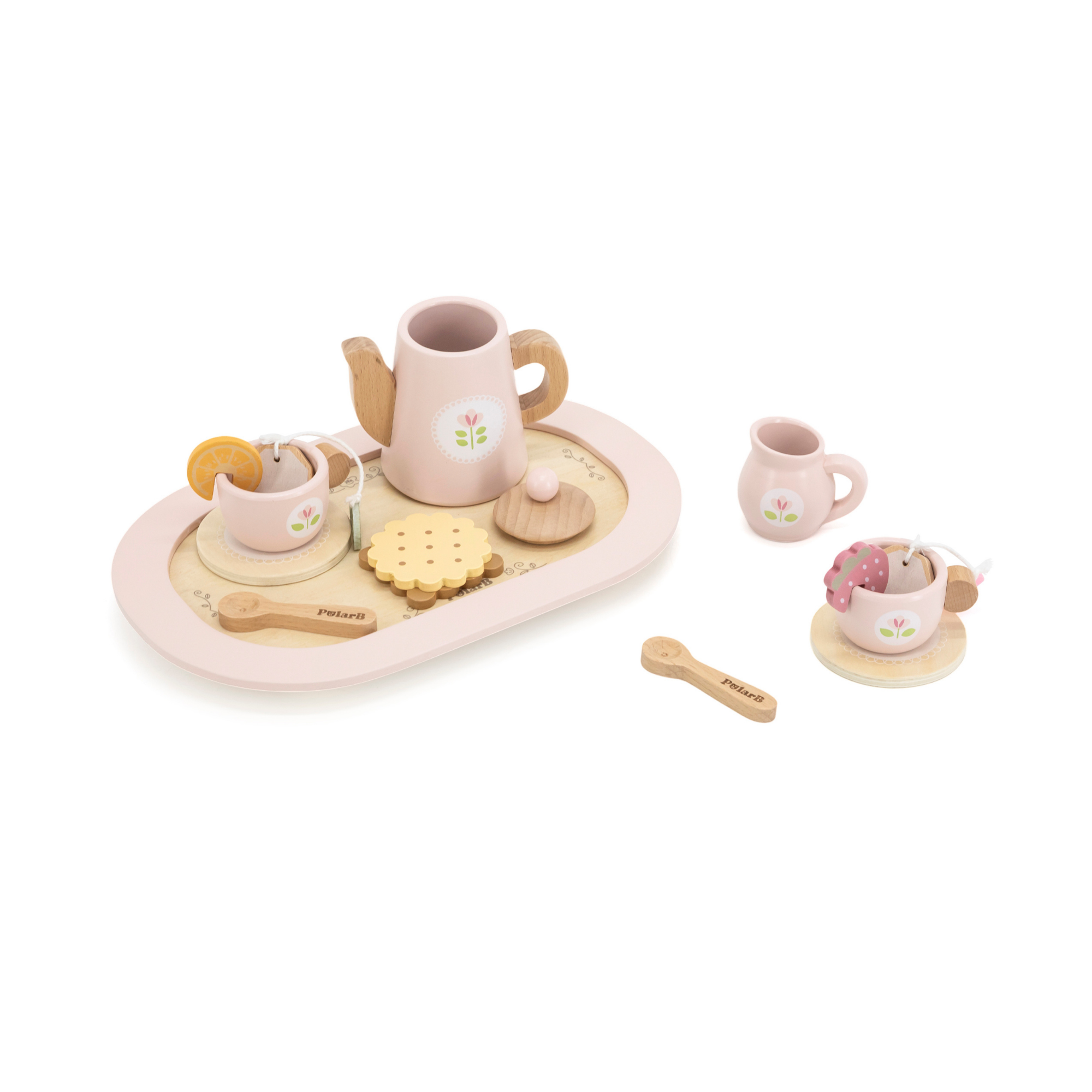 مجموعة حفل الشاي الخشبية من PolarB، مجموعة شاي تظاهرية مع إبريق شاي وأكواب وصينية وبسكويت وملحقات، لعبة لعب الأدوار للأطفال الصغار، من سن 3 سنوات فما فوق