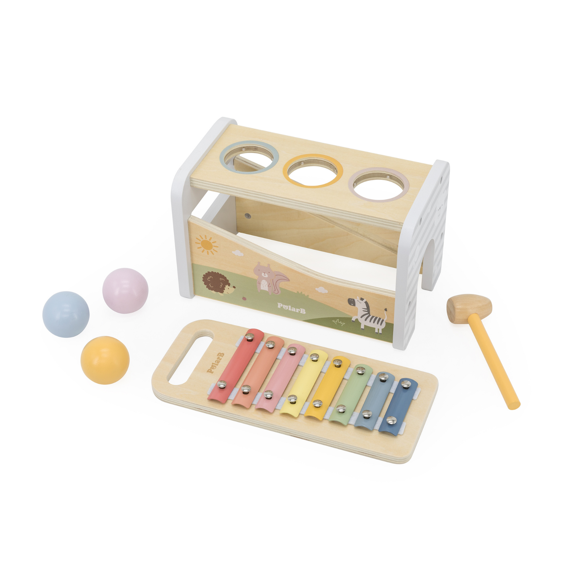 لعبة بولار بي الموسيقية 2 في 1، مقعد خشبي للضرب مع إكسيليفون للأطفال الصغار - لعبة حسية مستوحاة من مونتيسوري، مناسبة للأعمار من 18 شهرًا فما فوق