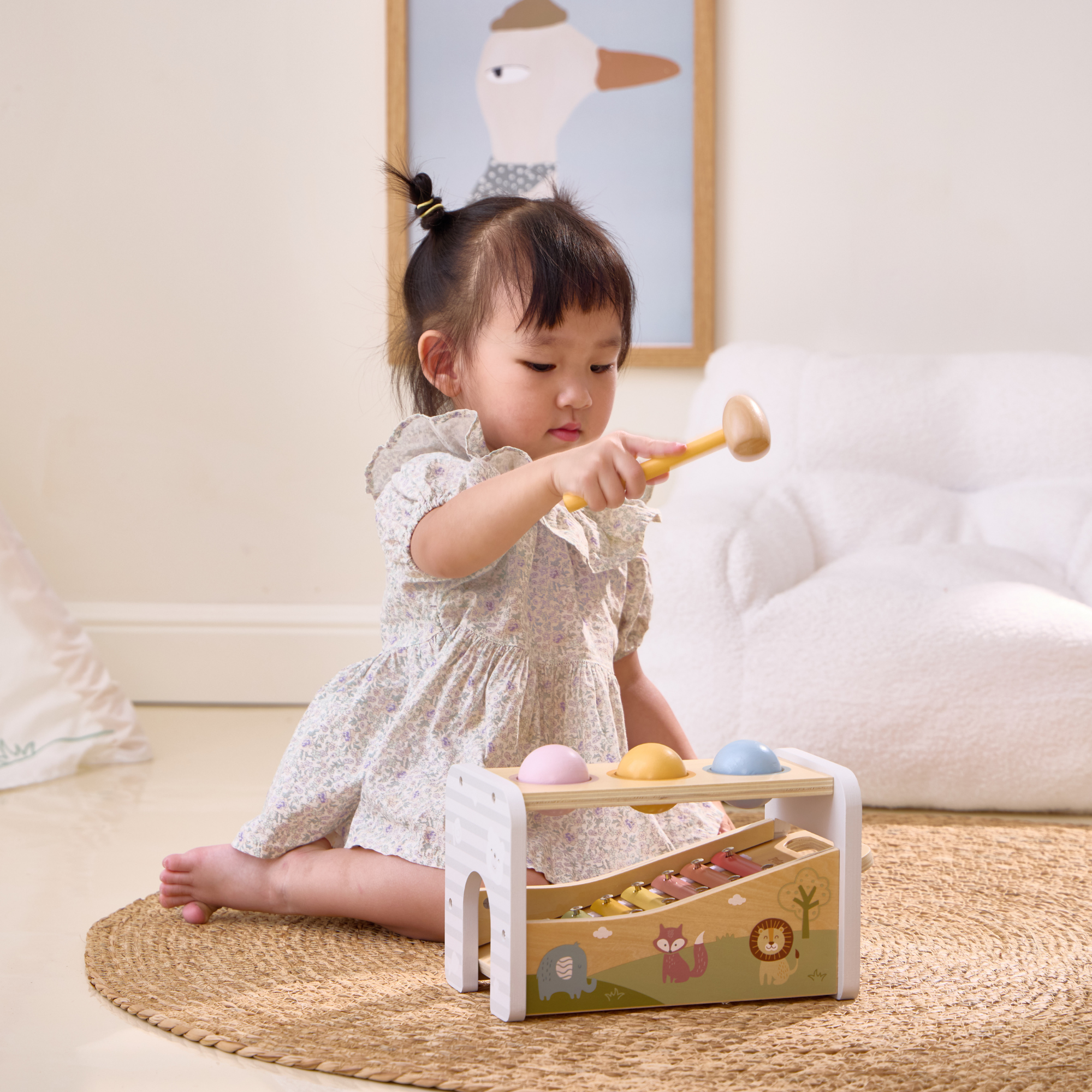 لعبة بولار بي الموسيقية 2 في 1، مقعد خشبي للضرب مع إكسيليفون للأطفال الصغار - لعبة حسية مستوحاة من مونتيسوري، مناسبة للأعمار من 18 شهرًا فما فوق