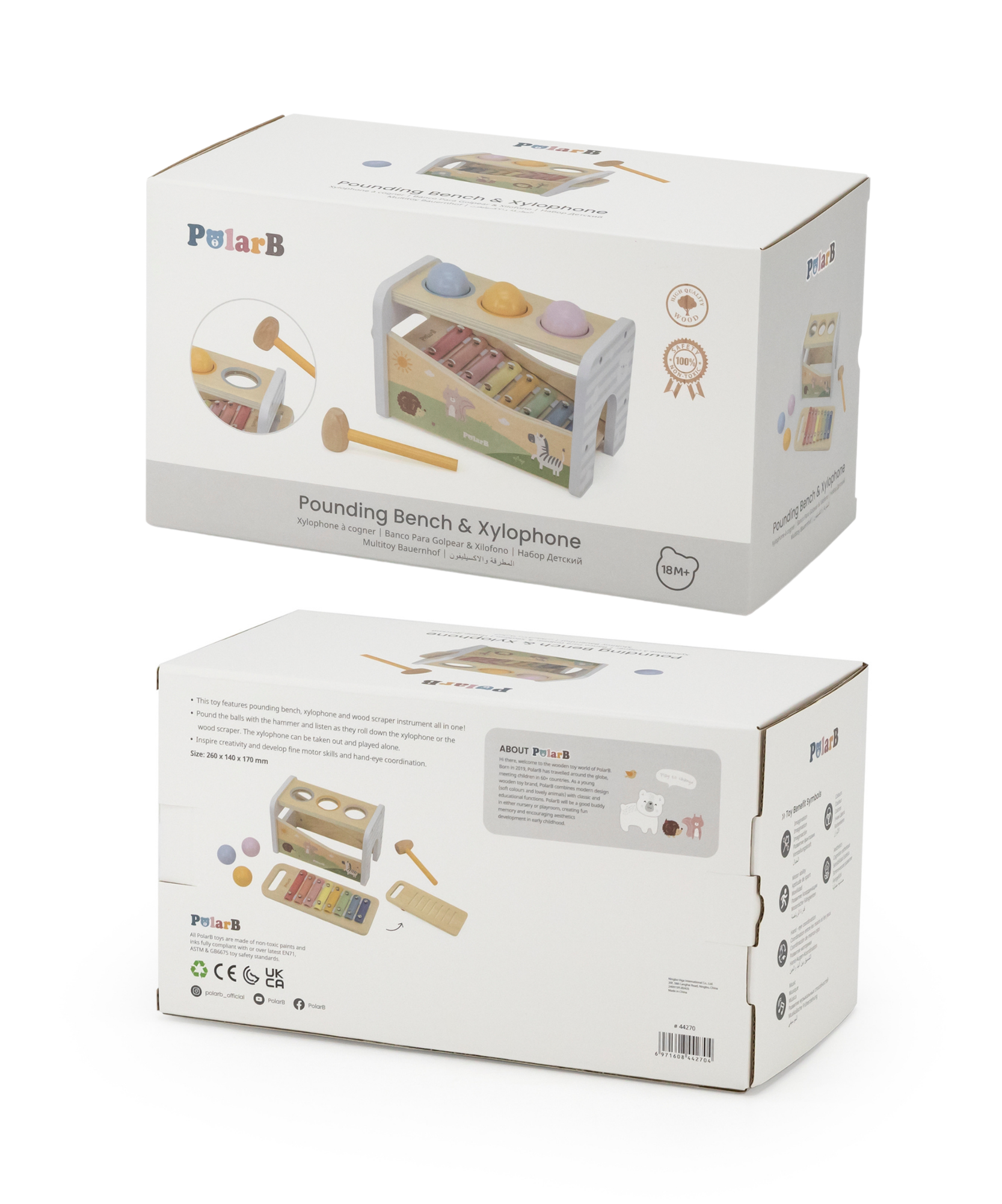 لعبة بولار بي الموسيقية 2 في 1، مقعد خشبي للضرب مع إكسيليفون للأطفال الصغار - لعبة حسية مستوحاة من مونتيسوري، مناسبة للأعمار من 18 شهرًا فما فوق